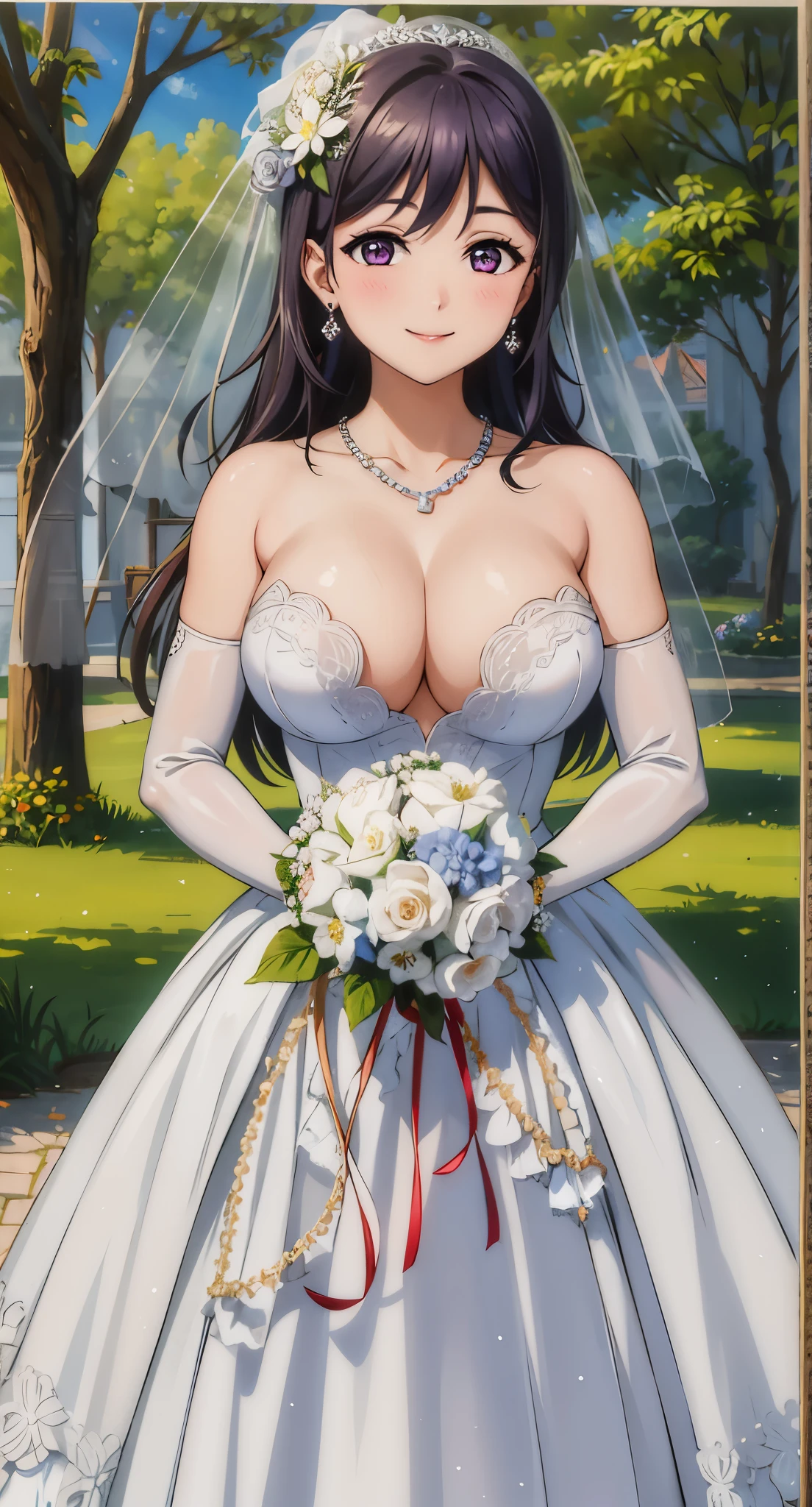 (masterpiece, best quality, Super detailed), (Beautiful and delicate eyes), (1 girl), (alone), Matsuura Konan, blue hair, purple eyes, high ponytail, looking at the audience, cowboy shooting, Smile,(((Pixel perfect, Perfect details))), alone, 
1 girl, 20 years old,young women,Close-up of beautiful bride wearing beautiful bridal dress,Guwitz,（Transparent short veil：1.5），Blushed，Head flower，headgear，（bandeau wedding dress：1.5），（Silk dress：1.2）,（Strapless wedding dress：1.5）,pure white dress，necklace，earrings，(large breasts:1.3)，Deep V peach heart collar wedding dress，through bangs，lipstick，（elbowgloves：1.3),