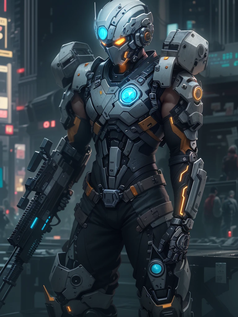 cyberpunk, (1 mechanical warrior:1.5), Background of World War 4, Sci-fi mechanical helmet, (futuristic cyberpunk action rifle:1.6), mechanical imperialism , (super robot warrior) , (Key parts have transparent luminous parts)，Precision mechanical gears，Android&#39;s Rebellion , cyberspace safe haven , (Vision:1.8), (full-body shot:1.8)，from head to foot，(Luminous mechanical boots:1.8), mechanical city ruins