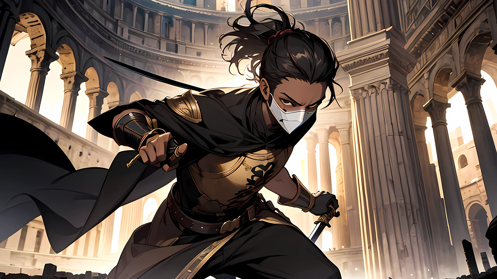 thin young man, dark skin wearing mask, V-shaped vendetta wears a golden mask, attack with sword, in a center of colloseum arena, gladiator, long black hair tied up, dodging attack, swords in action