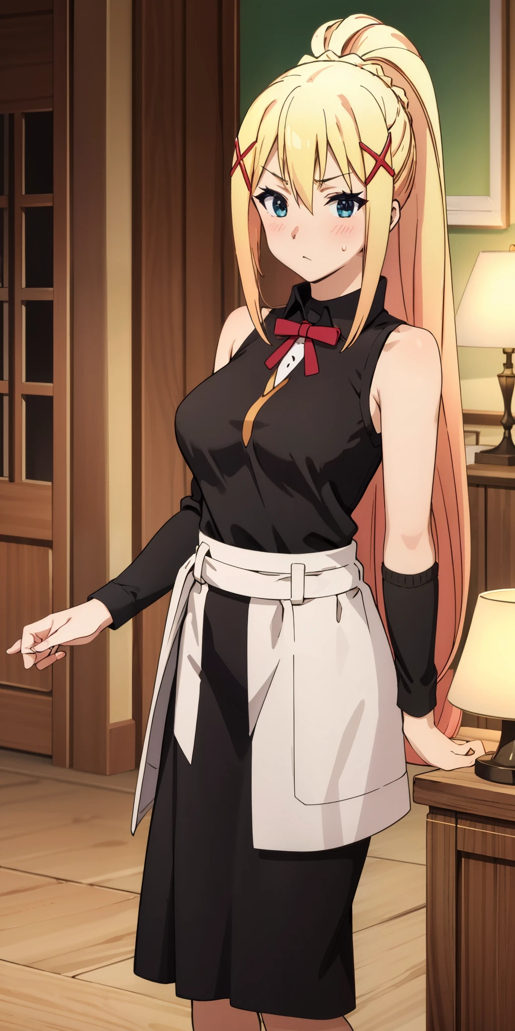 tall body, tall, long legs, mature female, mature, adult, EFT_Konsuba_Darkness, 1girl, darkness (konosuba), blonde hair, solo, blue eyes, long hair, x hair ornament, hair ornament, ponytail, looking at viewer, sweatdrop, medium breasts, breasts, indoors, braid,  ((black shirt, black short )), cowboy_shot. Ultra-detailed eyes. Sleeveless. Blush. 