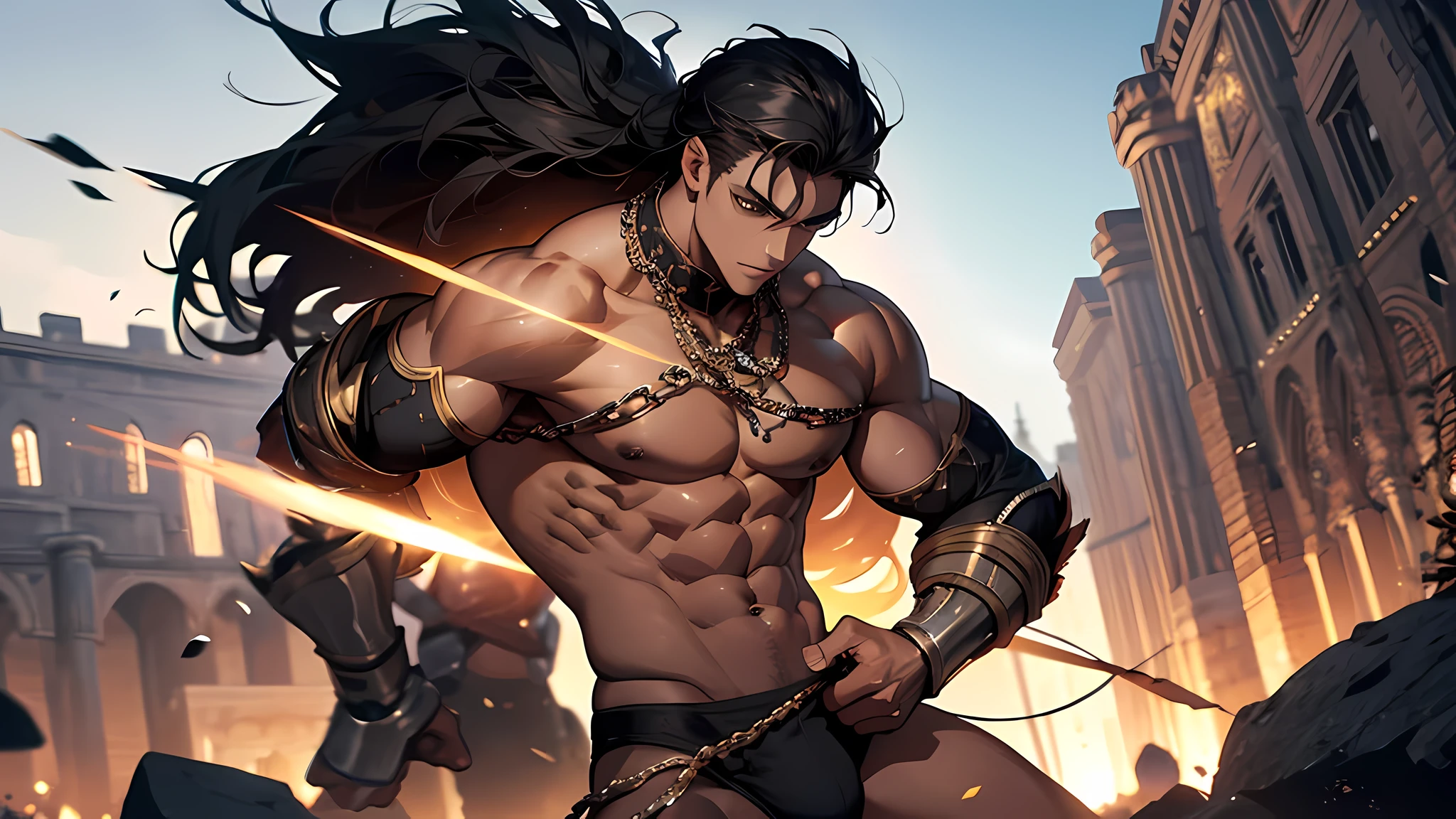 Muscular gladiator, upper body revealed, legs uncovered from thighs to feet, intricate muscular details, dark skin, short black hair, attack using chain ball, photorealistic artwork, 4K resolution. Background: Ancient Roman arena,32k uhd, best quality, masterpiece, super detail, high details, In the man’s hands, who sported a muscular body, was an iron ball connected to a chain.