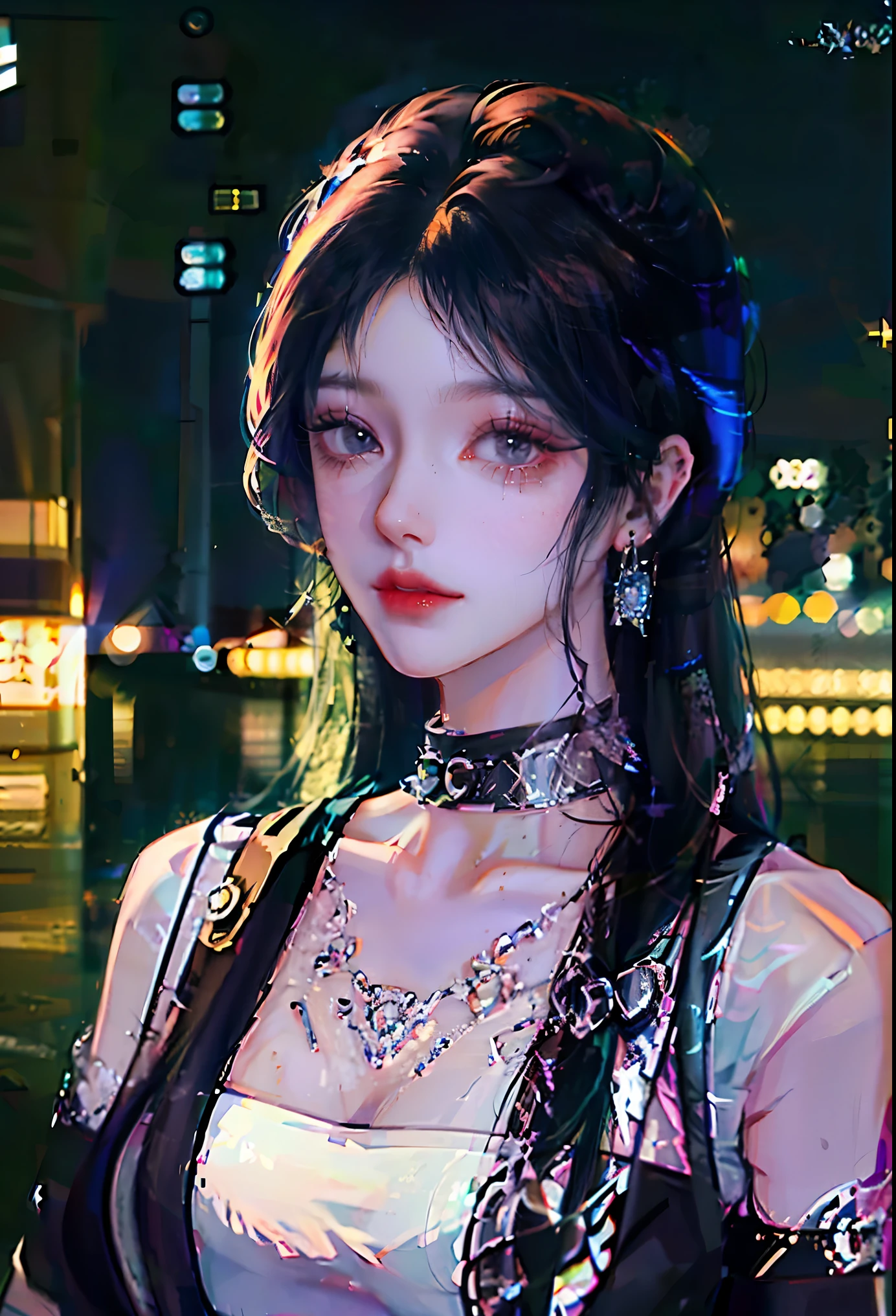 hugefilesizebestquality,highlydetailed,masterpiece,ultra-detailed,extremelydetailedCGunity8kwallpaper,Solo, upper body only, one girl,fashi-girl, long hair, ponytail, black hair, black suspender, gray coat, black collar, metal jewelry, ring earrings, blue eyes, night, neon lights, city, blurred background,