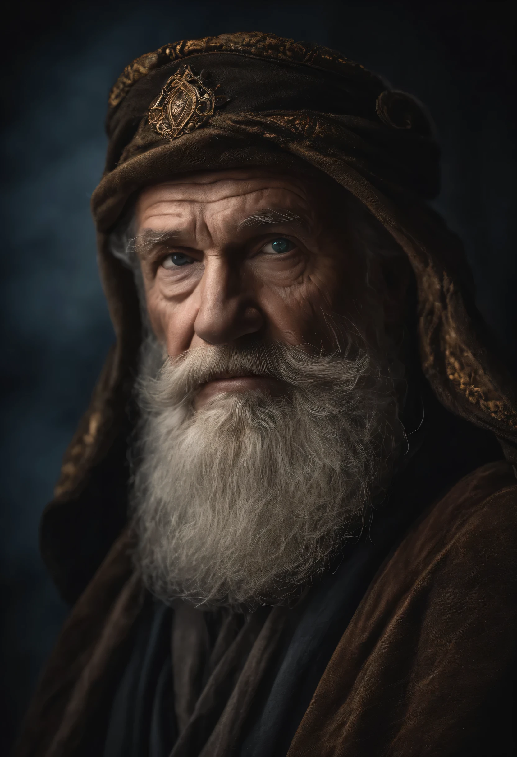A portrait of a wizard, bearded, wrinkled, weathered, with piercing eyes, detailed face, high details, photography, dark studio, rim light, Nikon D850, 50mm, f/1.4