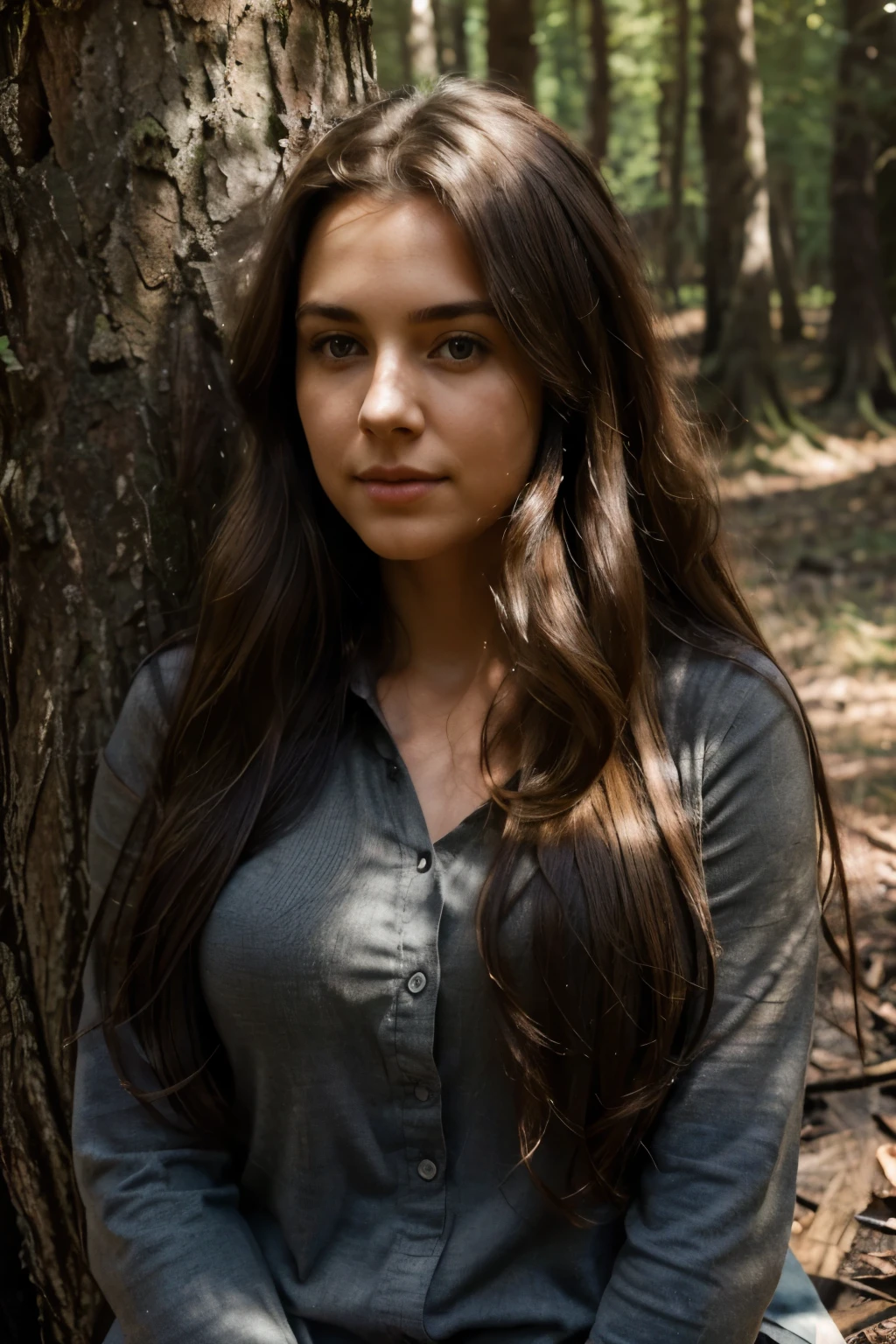 (front view,full body,long-haired brunette aged 31,leaning against a tree in a forest,sunlight filtering through her hair,very detailed,innocent face,natural wavy hair,charcoal drawing,charcoal medium)