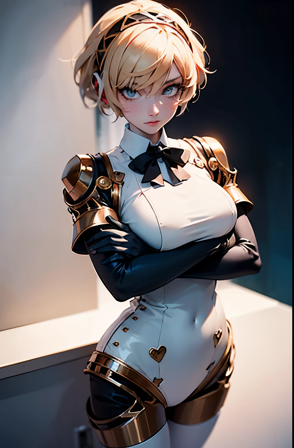 aegis, gloves, high heels, FernFrieren, hair, eyes, ( pupils), looking down, straight-on, expressionless, crossed arms, standing, looking at viewer, large breasts,, ultra detailed, masterpiece, best quality, aesthetic, detailed,
