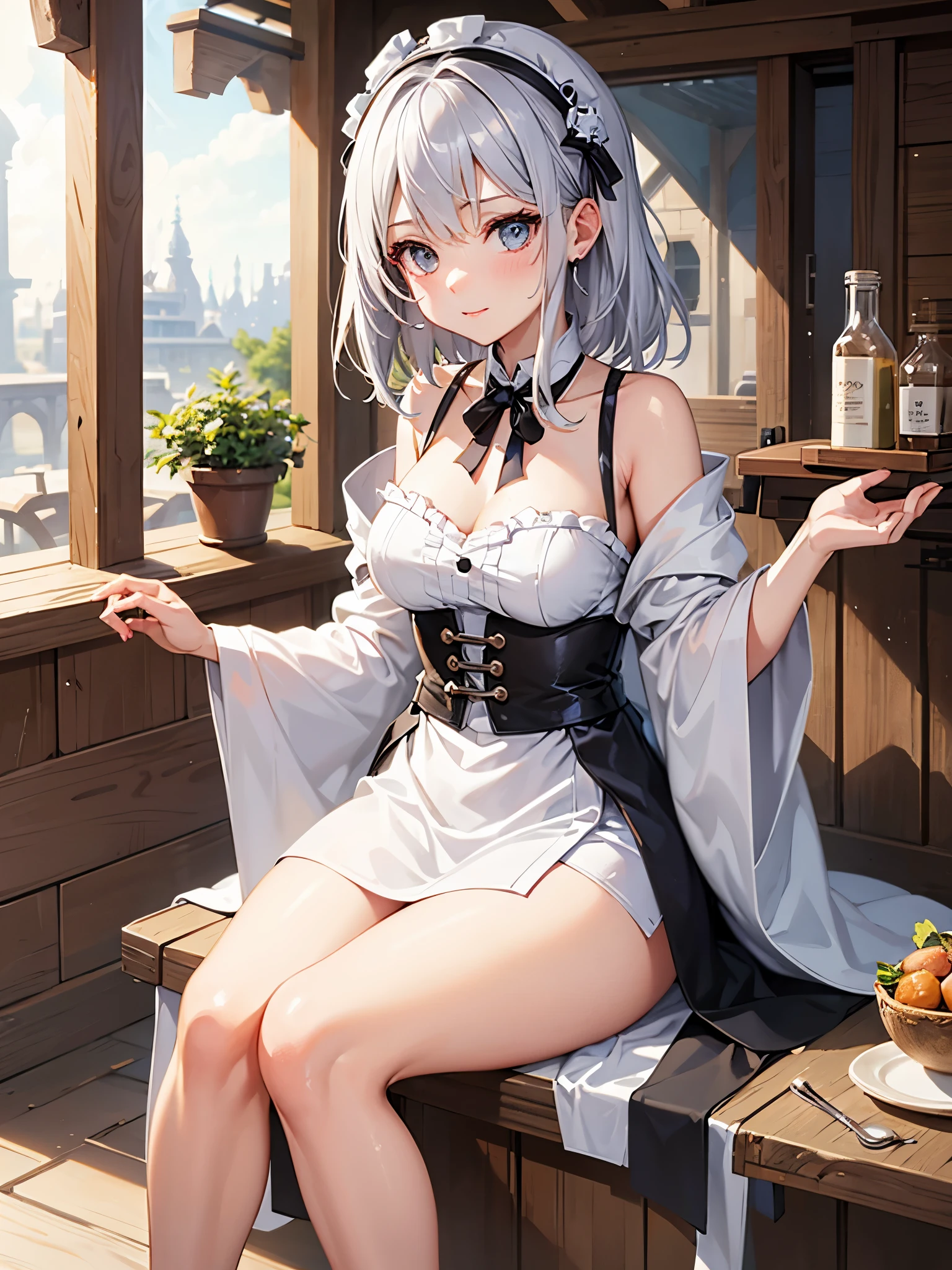cute merchant girl, silver hair, hazel eyes