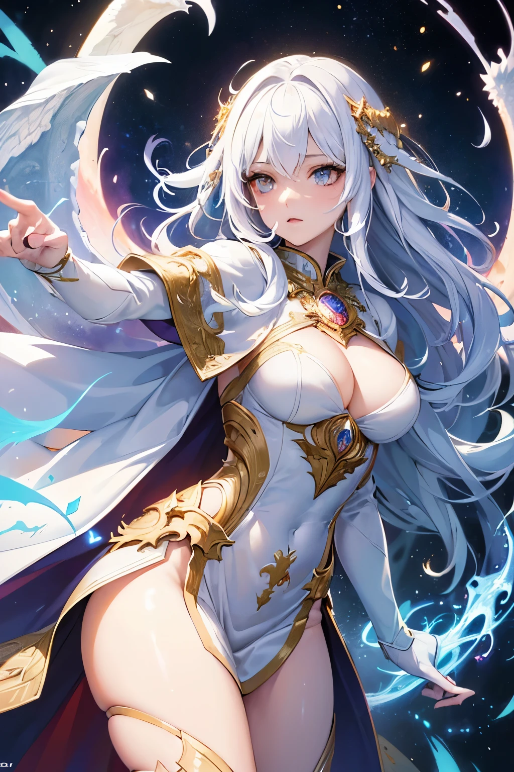 (masterpiece, top quality, best quality, official art, beautiful and aesthetic:1.2), (1girl), extreme detailed eyes, (fractal art:1.3), colorful, highest detailed, (perfect face), shiny skin, HDR, (white cloak golden lines:1.2), galaxy, (light streaks), striking visuals, (dynamic streaks, luminous trails:1.2), vibrant colors, (phoenix), (dragon)