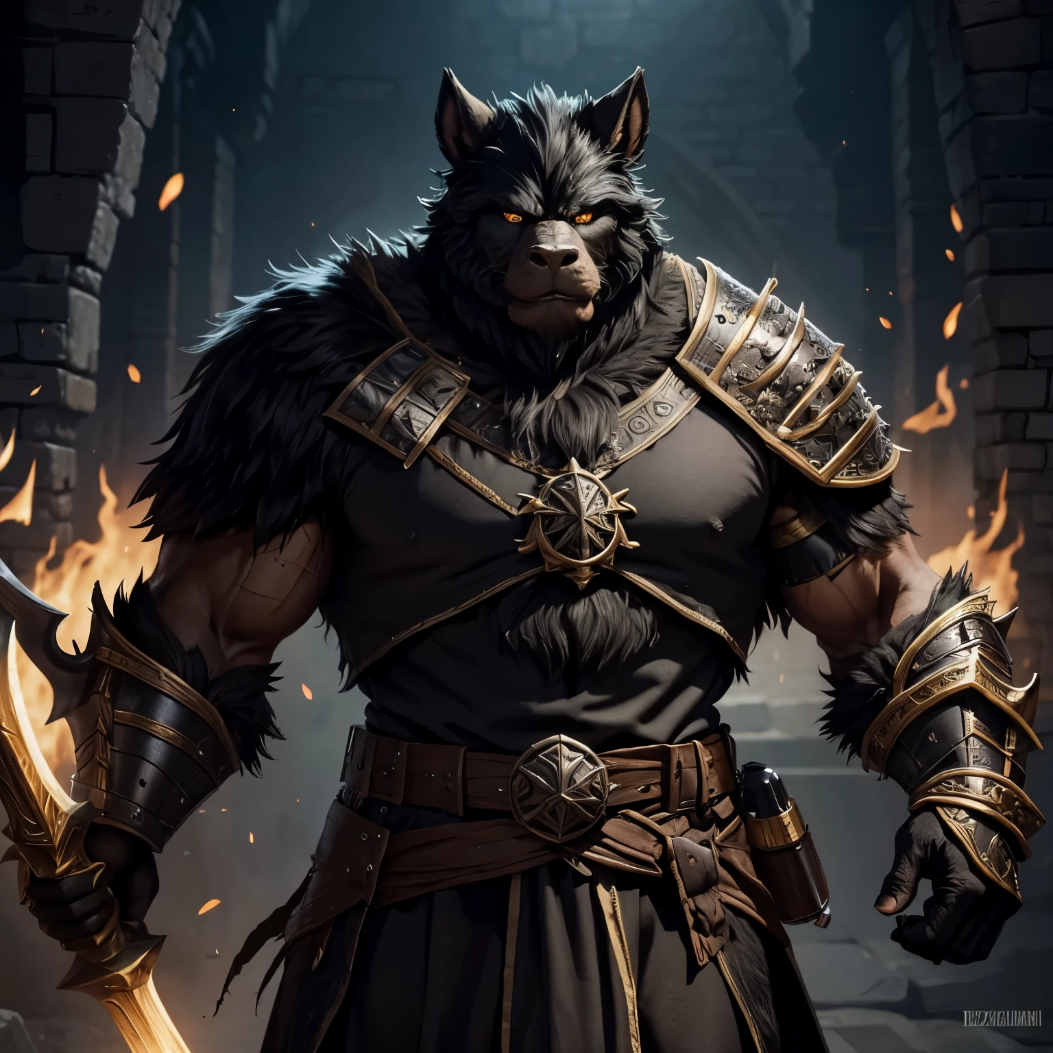 Large black furred bugbear goblin cleric, muscular, handsome, robes, armour, magic