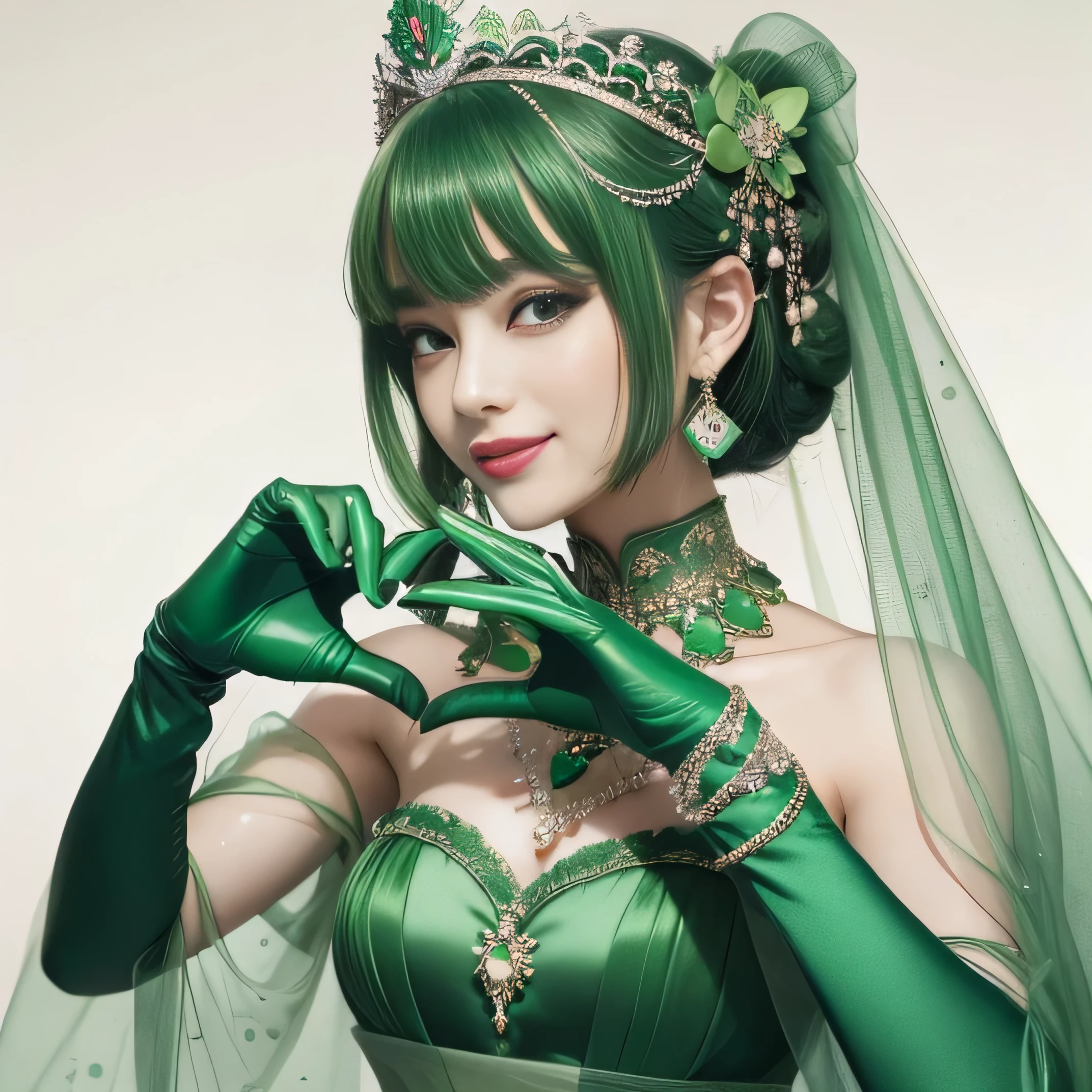 emerald tiara, green pearl necklace, ボーイッシュな非常に短いgreen hair, lipstick, smiling Japanese woman, very short hair, Beauty with large breasts, green eyes, Long Green Satin Gloves, green eyes, emerald earrings, green veil, heart with both hands, green hair, beautiful japanese woman, heart shaped hand:1.3, green lip gloss