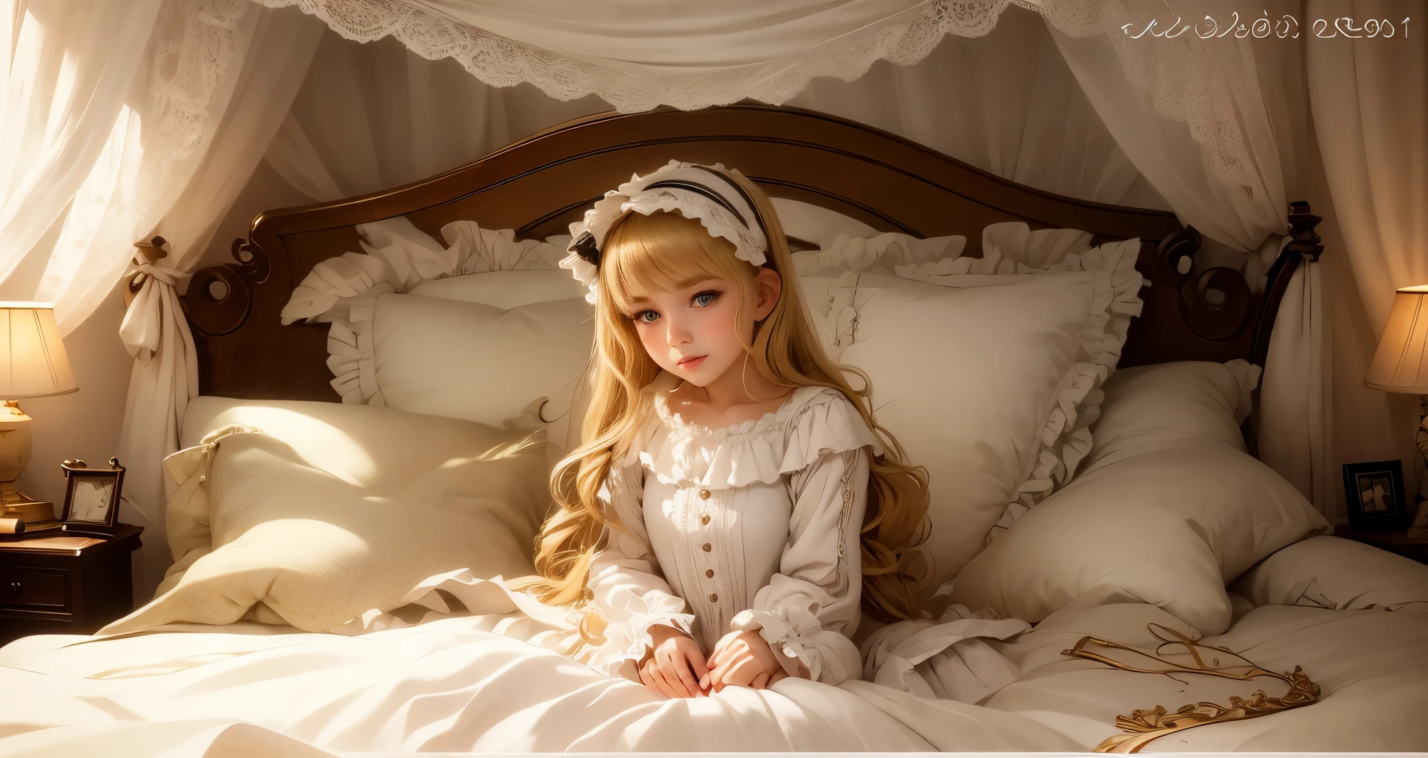 ,highest quality, masterpiece, highest resolution, artwork, super それにget used to it, many get used to it, get used to it, それにget used to it, 3K realistic photos,,(( at )),Super detailed baby face, Beautiful girl illustration,detailed beautiful face detailed hair,detailed human eye ,detailed mouth, arm details,fine hands, Super detailed baby face, Beautiful girl illustration,detailed beautiful face detailed hair,detailed human eye ,detailed mouth, arm details,fine hands, european,(((Blonde with super long rolls))),blue eyes,pajamas,night wear,((((Lolita fashihite one-piece dress with lots of frills and ribbons)))),((1920 style nightgowns)),wearing a nightcap,((frill and ribbon nightcap)),victorian nightgowns,Yoke collar with ruffles and ribbons,Long sleeves with ruffles,long skirt,((The whole body is reflected)),large pillow with frills,detailed costume,Detailed pillow, Sitting on the bed,A king-sized bed with a luxurious canopy,(((four poster bed with canopy))),(((Luxury curtains on both sides and behind the bed。))),golden rococo style bed frame,Frilly pillows piled up on the bed,super detailed background,Detailed Marie Antoinette bed,romantic atmosphere,Soft, round futon,The lower half of her body is hidden inside the futon and skirt that bulges out.,
