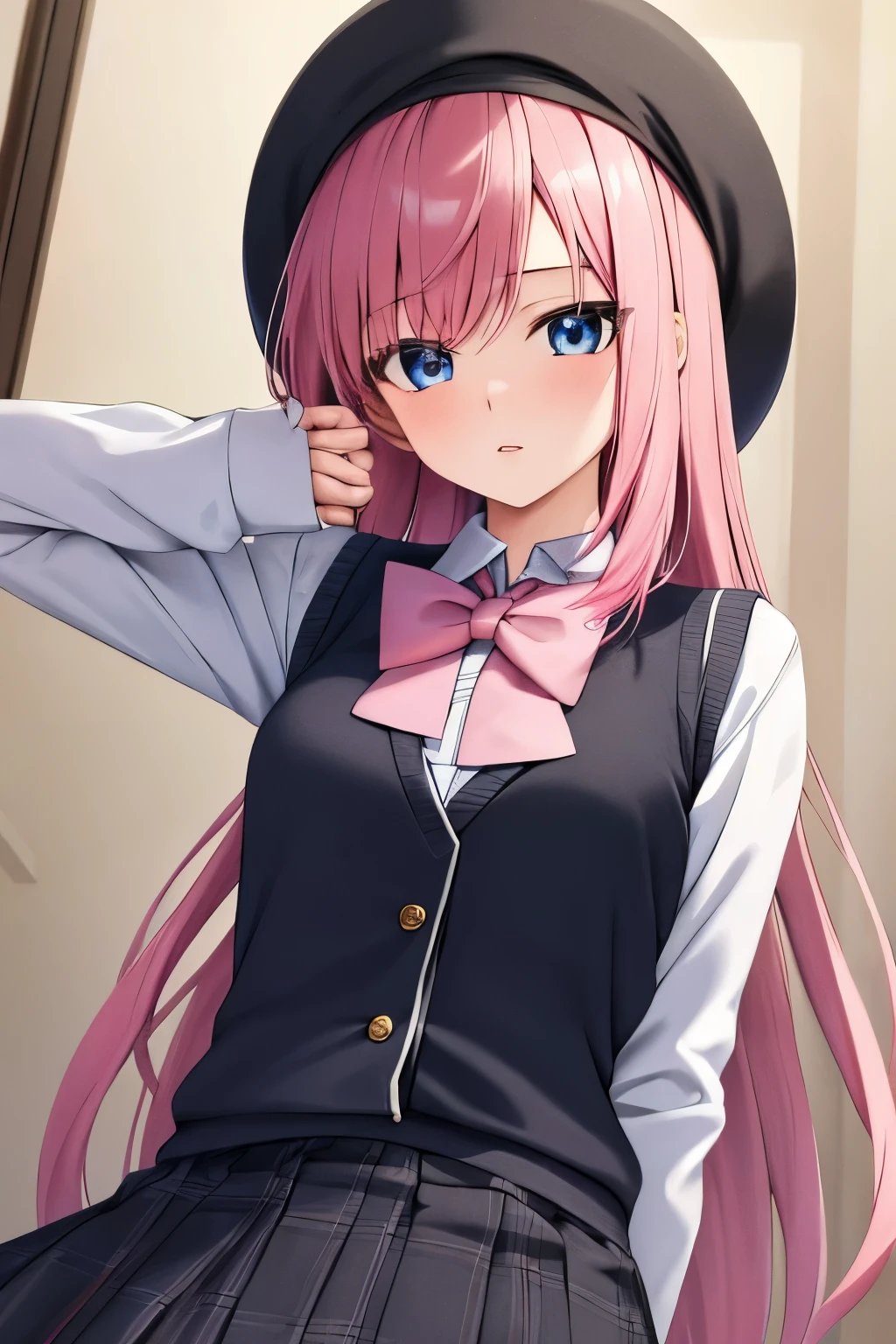 (masterpiece, best quality: 1.2), close-up photo, anime girl very long pink hair, blue eyes, with long-sleeved white sweater and knitted black vest, gray short school skirt, very detailed, best quality, perfect face , very high quality, very detailed, pink bow tie, he is 17 years old, want to kiss me, in the bathroom,