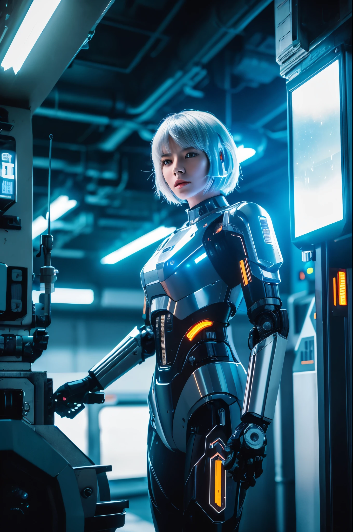 ((cinematic action photography)), female futuristic soldier, mech warrior, short white silver hair, ((robotic industrial environment)), night-time industrial scene, oily shiny skin, photography in the style of blade runner, muted colors, retro photography, Porta 160 color, shot on ARRI ALEXA 65, bokeh, sharp focus on subject, highest details, flash photo, robotic girl