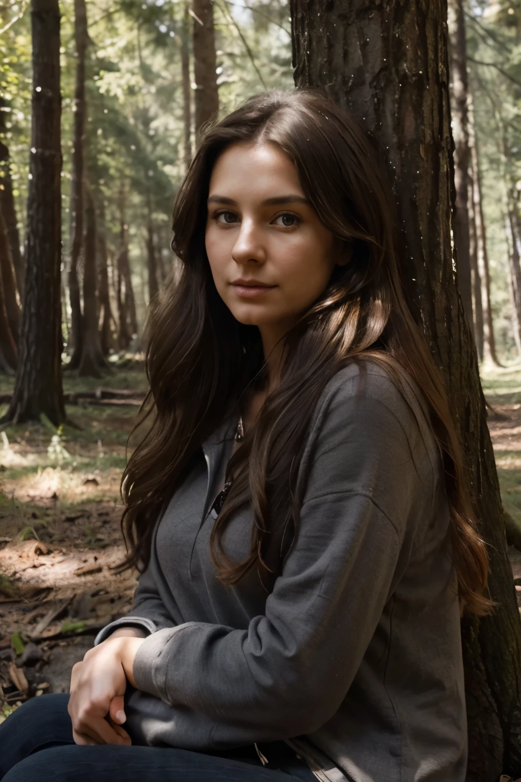 Artistic detailed charcoal drawing; Front view, Full body, Long-haired brunette, 31 years old (Leaning against a tree in the forest, sunlight filtering through her hair), Highly detailed, Innocent face, naturally wavy hair
