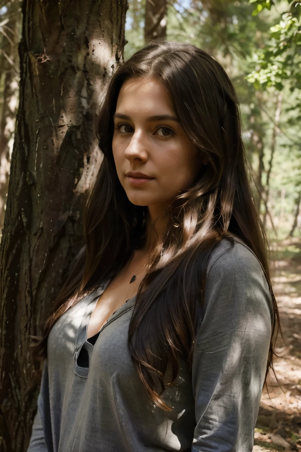 Artistic detailed charcoal drawing; Front view, Full body, Long-haired brunette, 31 years old (Leaning against a tree in the forest, sunlight filtering through her hair), Highly detailed, Innocent face, naturally wavy hair