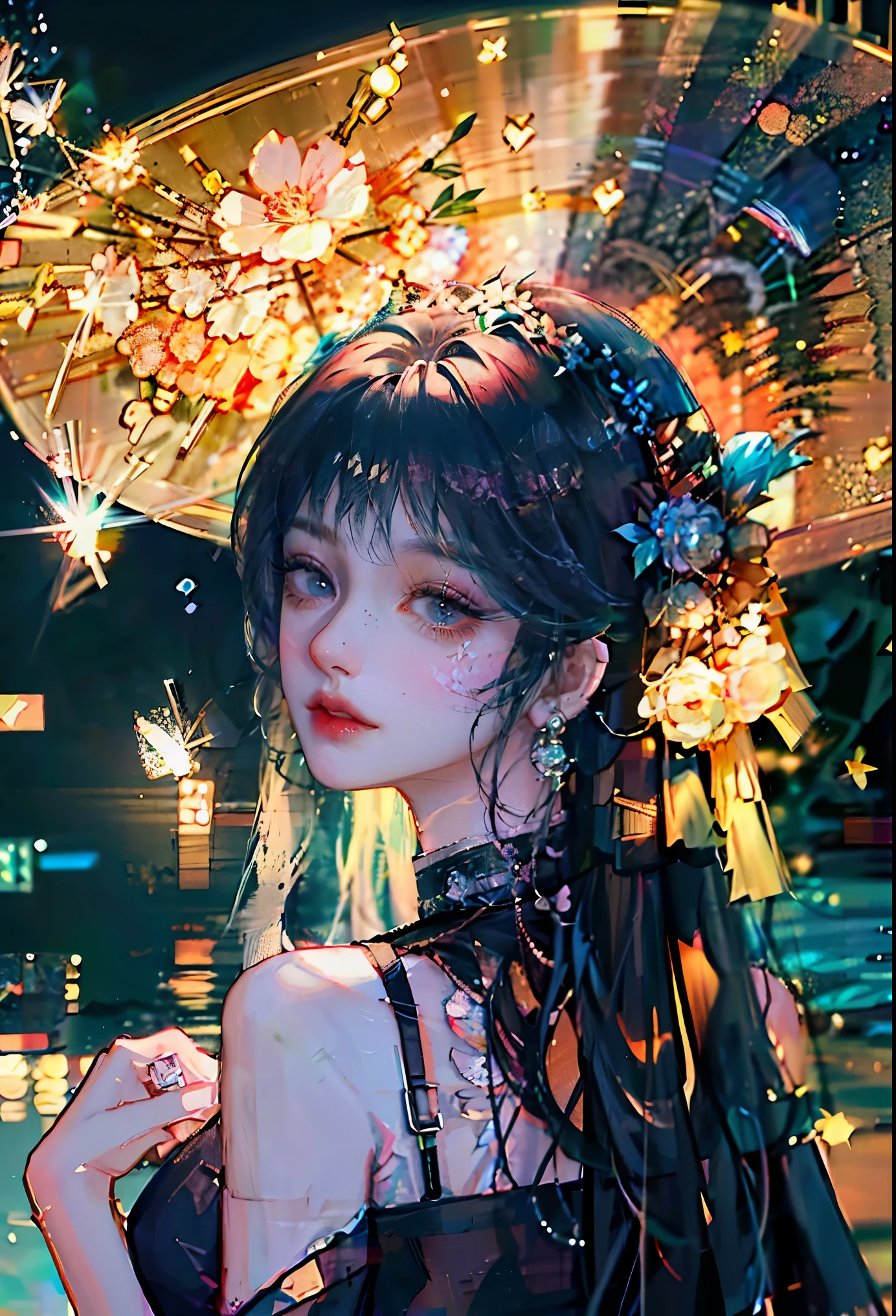 hugefilesizebestquality,highlydetailed,masterpiece,ultra-detailed,extremelydetailedCGunity8kwallpaper,Solo, upper body only, one girl,fashi-girl, long hair, ponytail, black hair, black suspender, gray coat, black collar, metal jewelry, ring earrings, blue eyes, night, neon lights, city, blurred background, flower crown on her head, flower crown, colorful flower crown