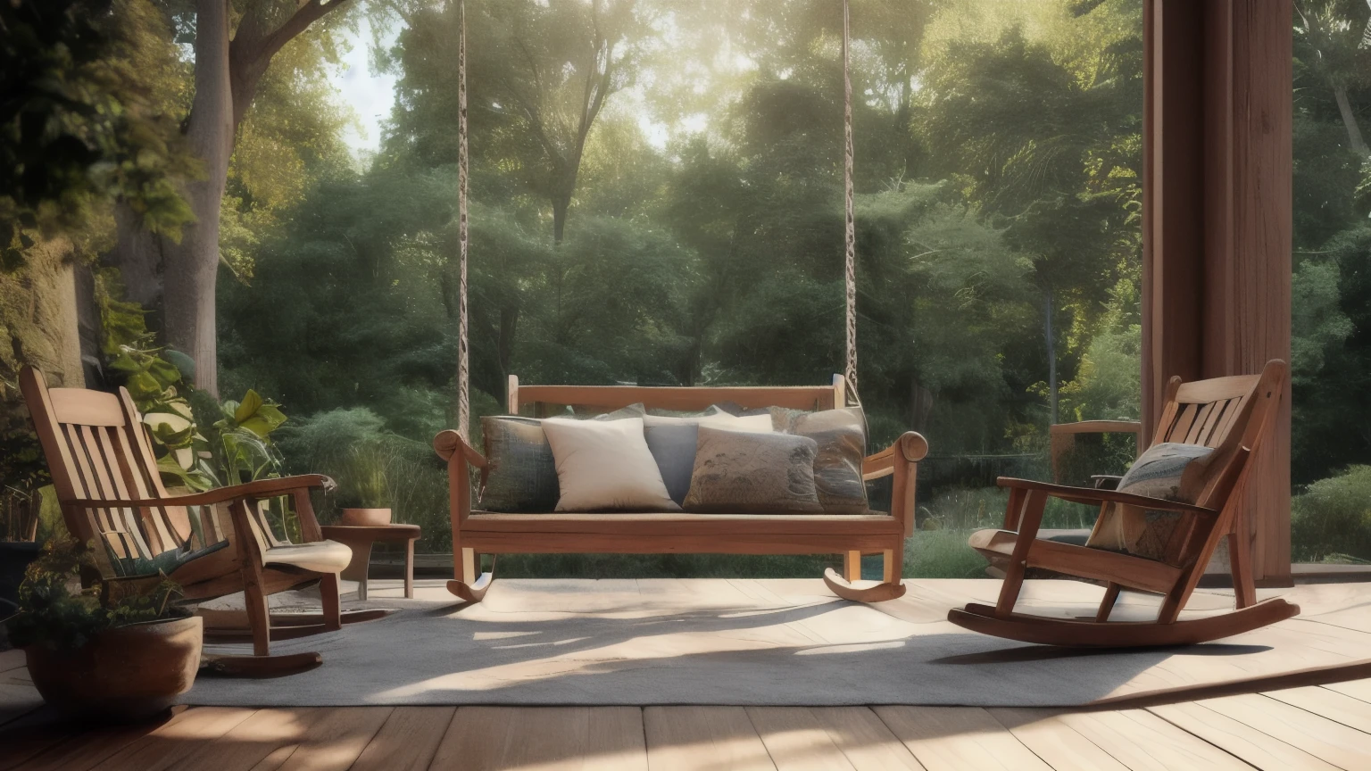 hyper ultra realistic photographs full body of A weathered rocking chair, its wood worn smooth with time, sits invitingly on a porch swing against a backdrop of lush greenery. A patchwork quilt draped over the chair adds a touch of homey comfort. The gentle creak of the rocker and the rustle of leaves create a peaceful and inviting atmosphere.. ratio 16:9, 4k, 8k resolution, High quality photo, high detailed, imagesharp focus, Cinematic lighting,hyperdetailed & Unreal engine, detail, realism, photography,cinematography, camera NIKON, lens NIKKOR flagship, masterpiece. hyper-maximalism, ultradetailed photorealistic, light skin imperfections, final render, vray, photo, fashion