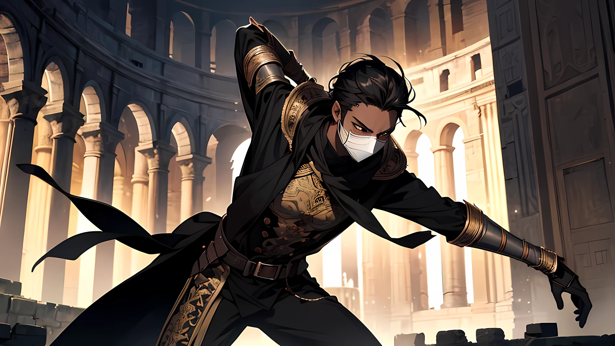 thin young man, dark skin wearing mask, V-shaped vendetta wears a golden mask, holding sword, in a center of colloseum arena, gladiator, intricate muscular details, long black hair tied up, dodging attack, swords in action