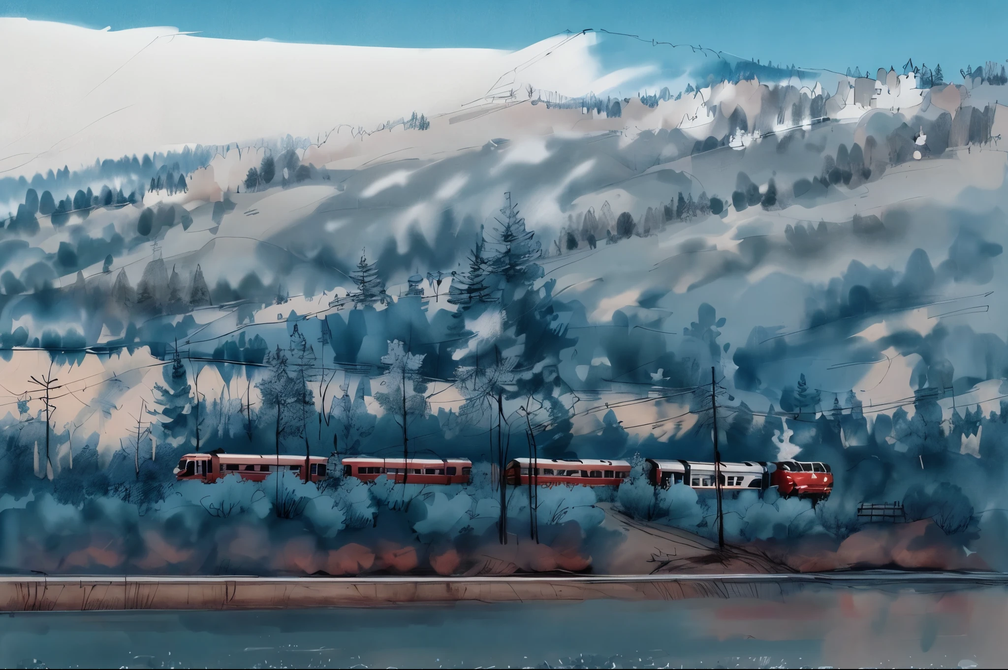 pen_sketch_style, sketch, there is a train that goes down the rails in the mountains, a train, trains in the background, Peter Brundl, profile view from afar, Vadim Meller, Karl Völker, Russian landscape, Karlkka, taiga landscape, tourist photo, Anato Finnstark