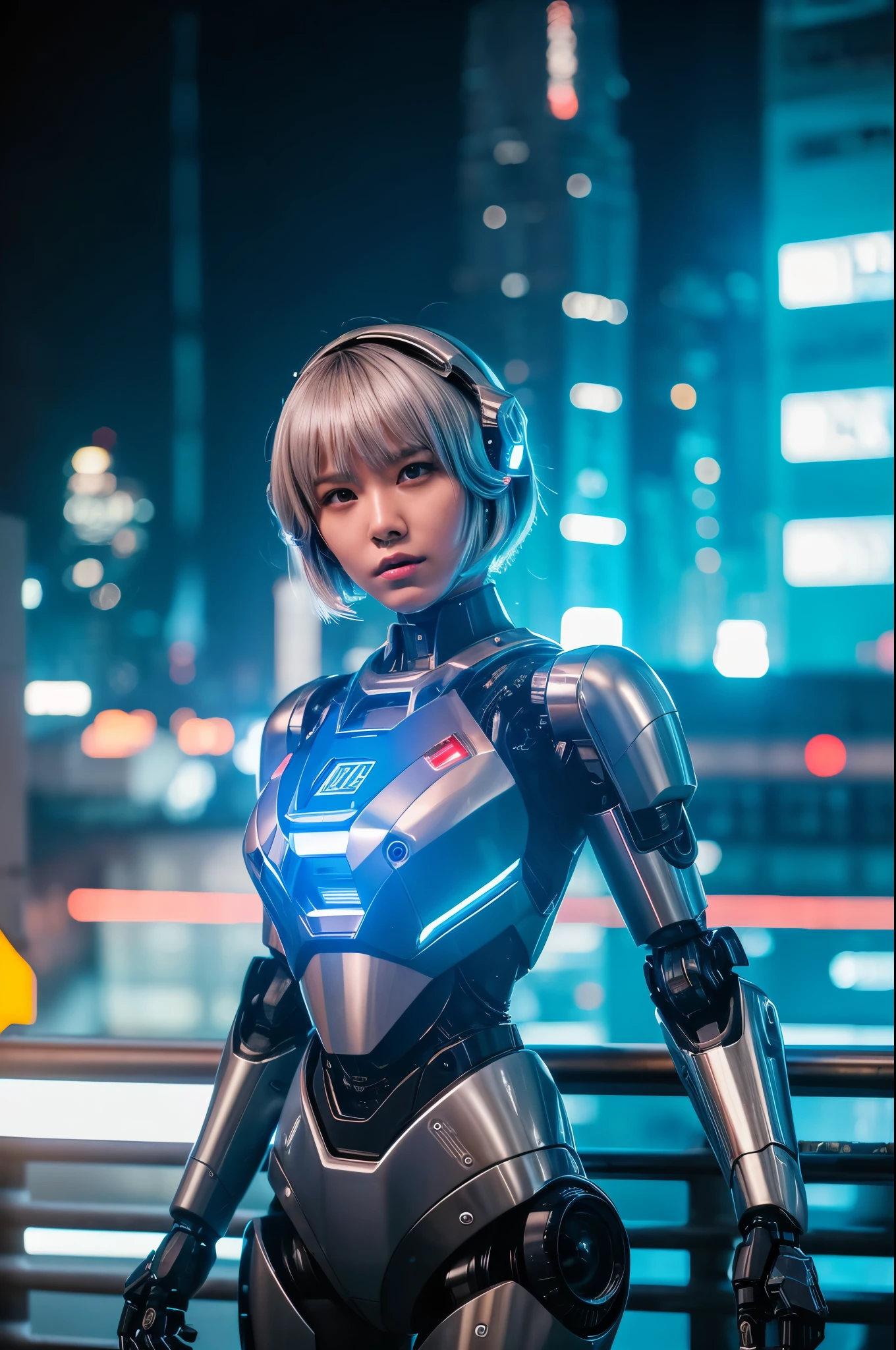 ((cinematic action photography)), female futuristic soldier, mech warrior, short white silver hair, ((robotic industrial environment)), night-time industrial scene, oily shiny skin, photography in the style of blade runner, muted colors, retro photography, Porta 160 color, shot on ARRI ALEXA 65, bokeh, sharp focus on subject, highest details, flash photo, robotic girl