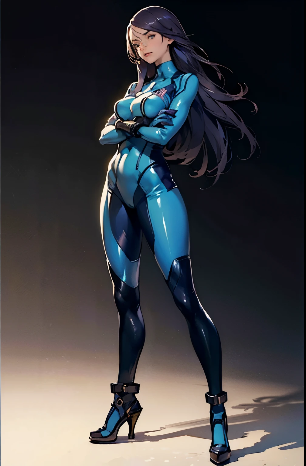 zero suit, blue gloves, high heels, FernFrieren, very long hair, purple eyes, (purple pupils), looking down, straight-on, expressionless, crossed arms, standing, looking at viewer, large breasts,, ultra detailed, masterpiece, best quality, aesthetic, detailed,