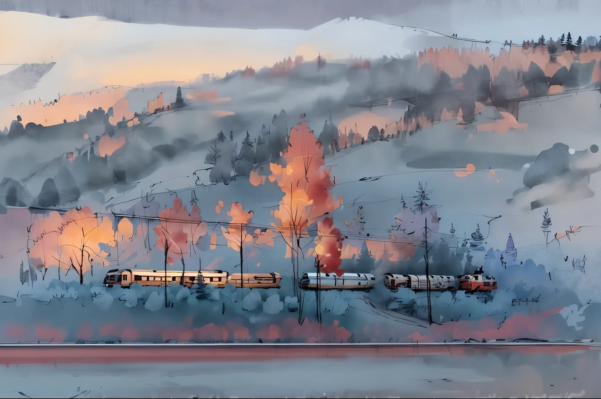 pen_sketch_style, sketch, there is a train that goes down the rails in the mountains, a train, trains in the background, Peter Brundl, profile view from afar, Vadim Meller, Karl Völker, Russian landscape, Karlkka, taiga landscape, tourist photo, Anato Finnstark