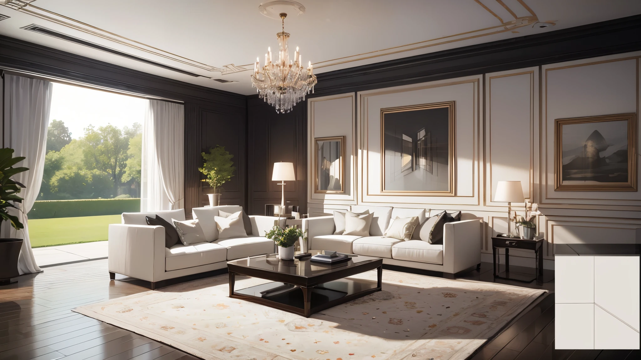 You are a famous interior designer、You have been asked to create a 3D image of a modern large room. Create a harmonious environment with modern and minimalist furniture. Including garden interior.