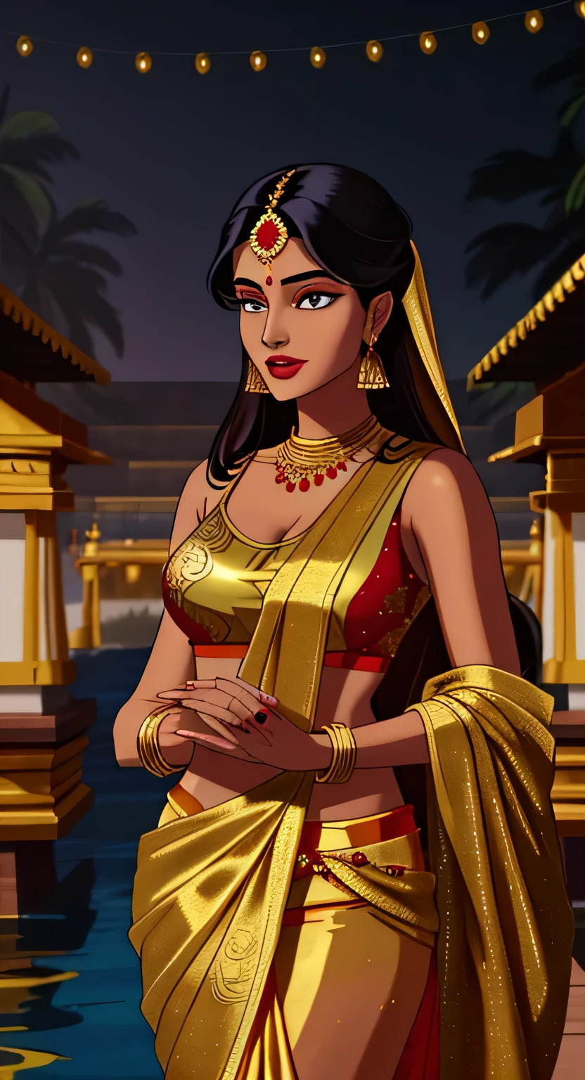 a woman in a gold sari standing in front of a body of water, traditional beauty, wearing gold jewellery, gold jewellery, heavy gold jewellery, golden jewellery, draped in silky gold, draped in gold, gold and red, indian, indian style, indian goddess, intricate thin details in gold, gorgeous woman, hindu aesthetic, beautiful model, very beautiful woman, portrait shot
