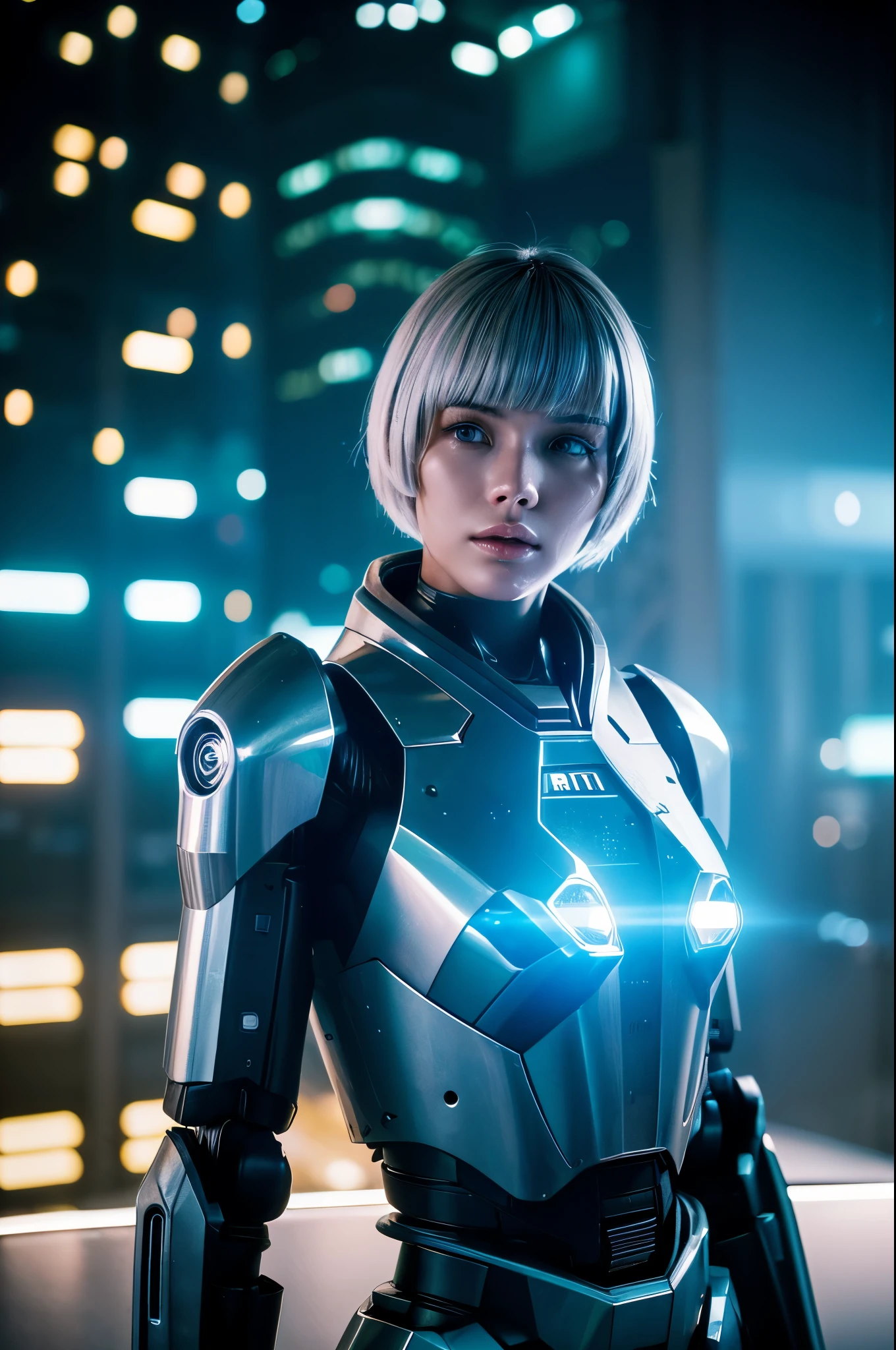 ((cinematic action photography)), female futuristic soldier, mech warrior, short white silver hair, ((robotic industrial environment)), night-time industrial scene, oily shiny skin, photography in the style of blade runner, muted colors, retro photography, Porta 160 color, shot on ARRI ALEXA 65, bokeh, sharp focus on subject, highest details, flash photo, robotic girl