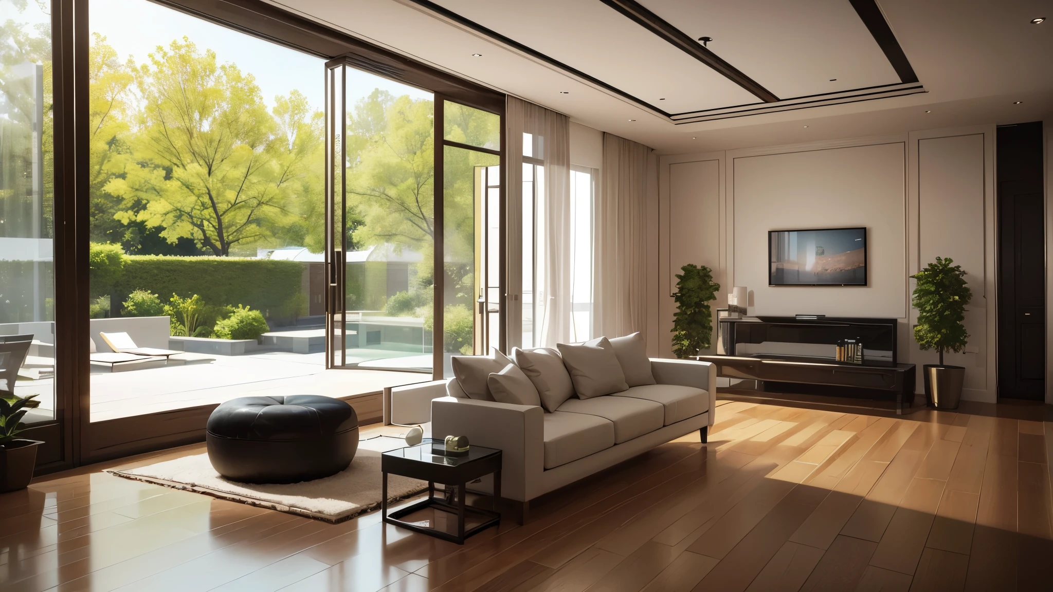 You are a famous interior designer、You have been asked to create a 3D image of a modern large room. Create a harmonious environment with modern and minimalist furniture. Including garden interior.