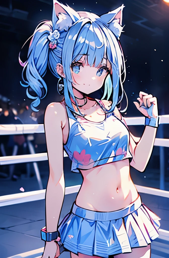 boxing、 girl、、belly button、stomach、skirt、Cat ear、light blue hair、cute