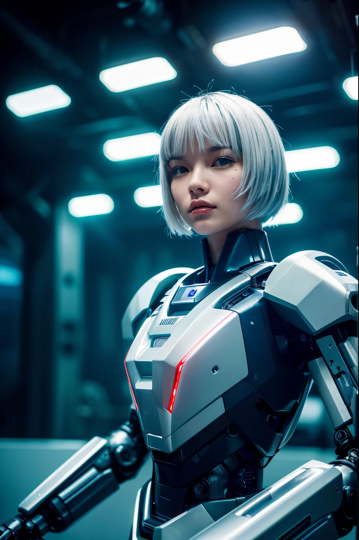 ((cinematic action photography)), female futuristic soldier, mech warrior, short white silver hair, ((robotic industrial environment)), night-time industrial scene, oily shiny skin, photography in the style of blade runner, muted colors, retro photography, Porta 160 color, shot on ARRI ALEXA 65, bokeh, sharp focus on subject, highest details, flash photo, robotic girl