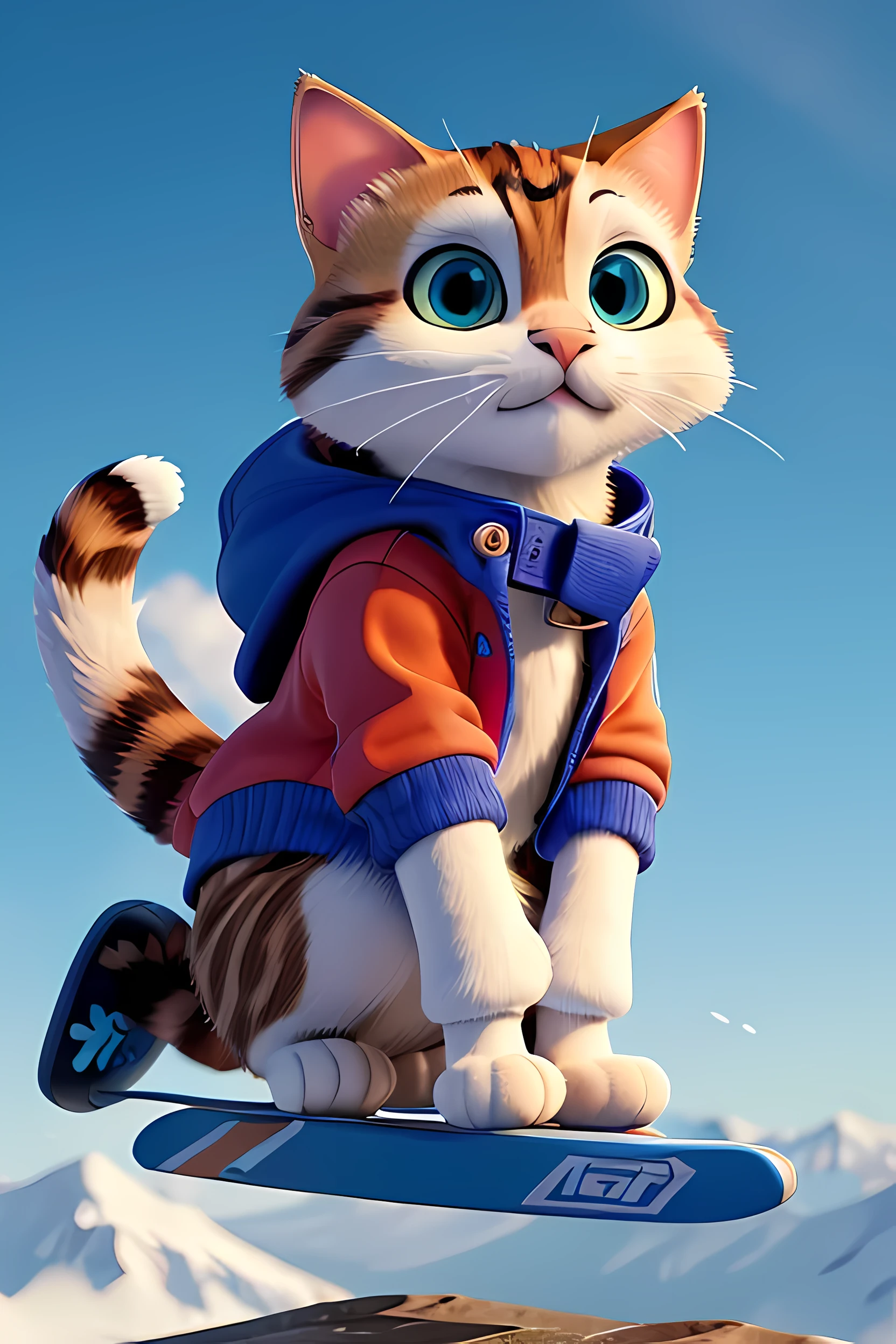 (Best quality, masterpiece, Colorful, Dynamic angle, as detailed as possible), fashion photography, cat snowboarder in a jacket, dress high
