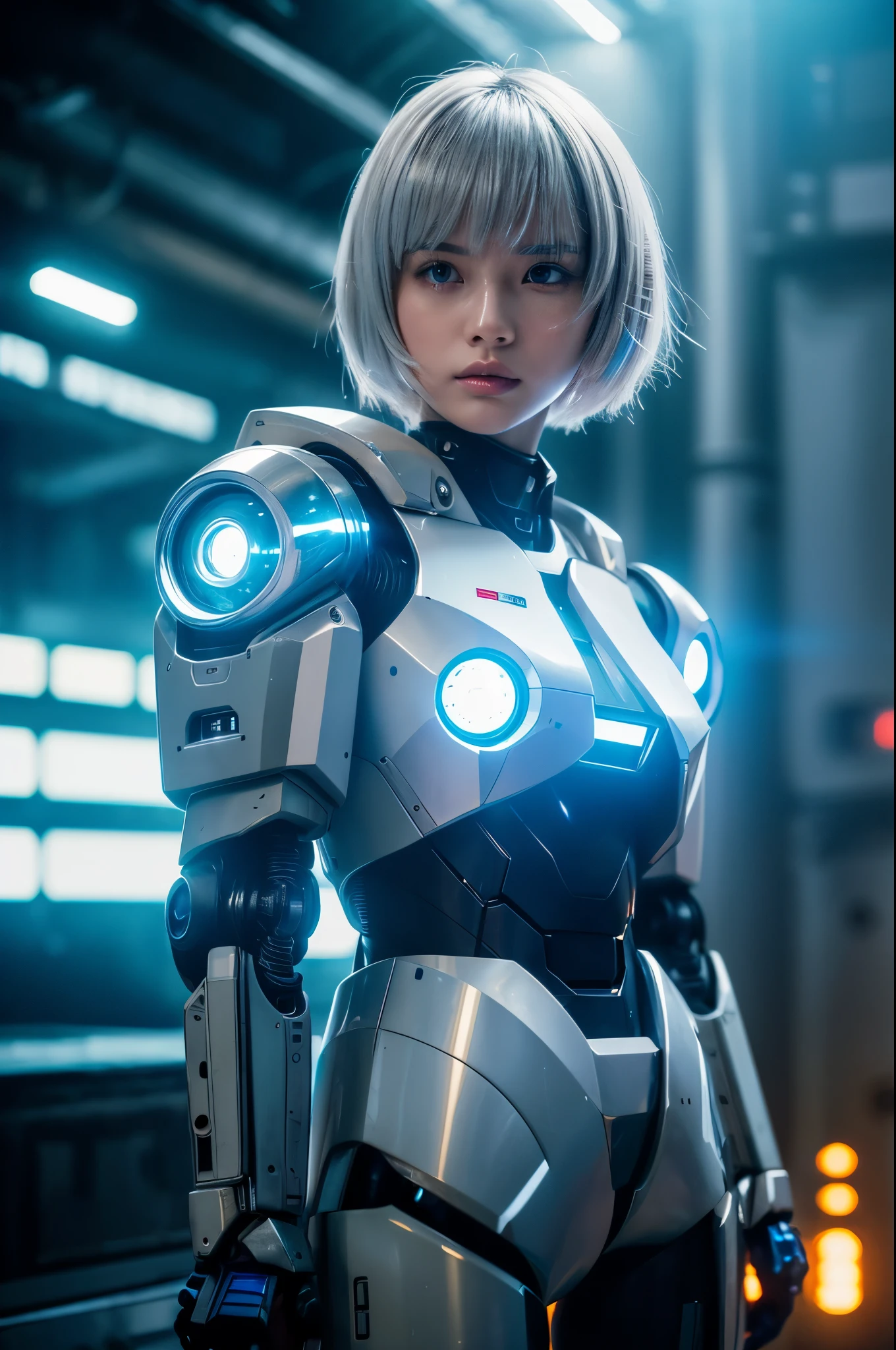 ((cinematic action photography)), female futuristic soldier, mech warrior, short white silver hair, ((robotic industrial environment)), night-time industrial scene, oily shiny skin, photography in the style of blade runner, muted colors, retro photography, Porta 160 color, shot on ARRI ALEXA 65, bokeh, sharp focus on subject, highest details, flash photo, robotic girl