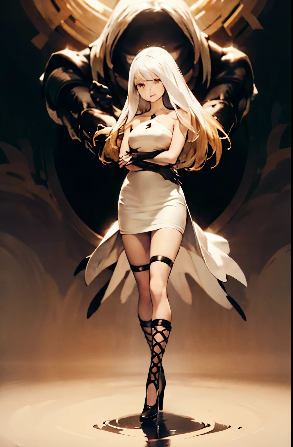 airy, bravely default, black gloves, high heels,  FernFrieren, very long hair, yellow eyes, (gold pupils), looking down, straight-on, expressionless, crossed arms, standing, looking at viewer, large breasts,, ultra detailed, masterpiece, best quality, aesthetic, detailed, white hair, white dress