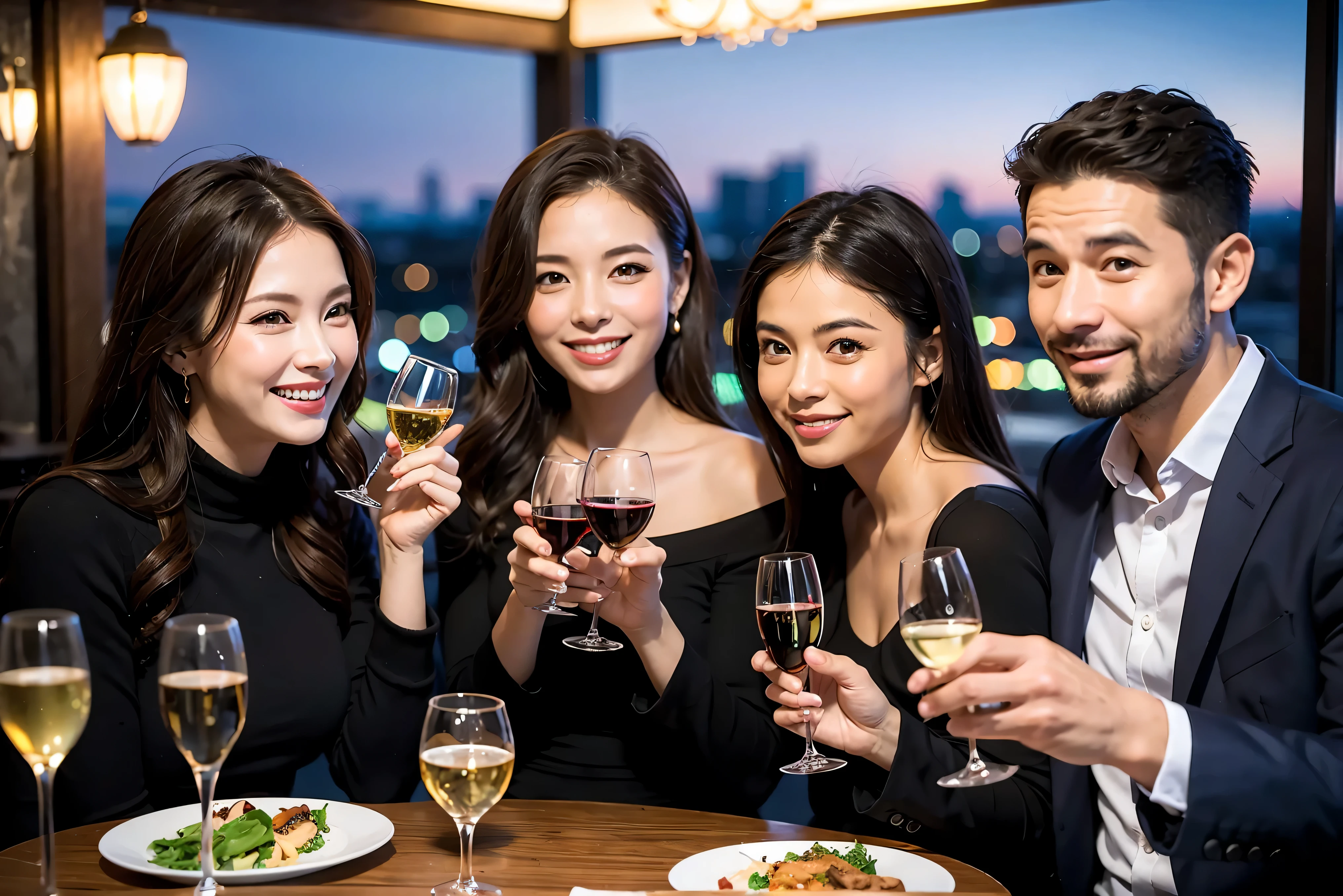 64k, UHD, highest quality, masterpiece: 1.2), (realistic, photorealistic: 1.37), Super detailed, celebration party、beauty、beautiful mature woman、3 women who love wine、Three Men、champagne、Sparkling wine、winter night、restaurantでワイン宴会、(slimな男女4名),(Wine party for 5 people)、(slimフェイス),Happy、 最高なsmile、Fox Face、Berry Short、(because I&#39;thin), (brown hair), (shortcut), long sleeve shirt、winter fashion、Japanese、Dutch、German、Portuguese、Belgian、Italian、french, (gushing), (slimボティ), (brown hair), (shortcut), 端正なbeauty、cheeks blush a little, (34 years old), 38 years old,32 years old、40 years old、29yo、 A beautiful and detailed night view spreads out outside the window......, restaurant, wine glassが座っている, At night, in a prominent place (from the Upper body) nova frog style, actress, model, Upper body, White wine, slim, wine glass, Very beautiful night view, wine glass Put in the Middle, Happy smile, (smile: 1.15), 
