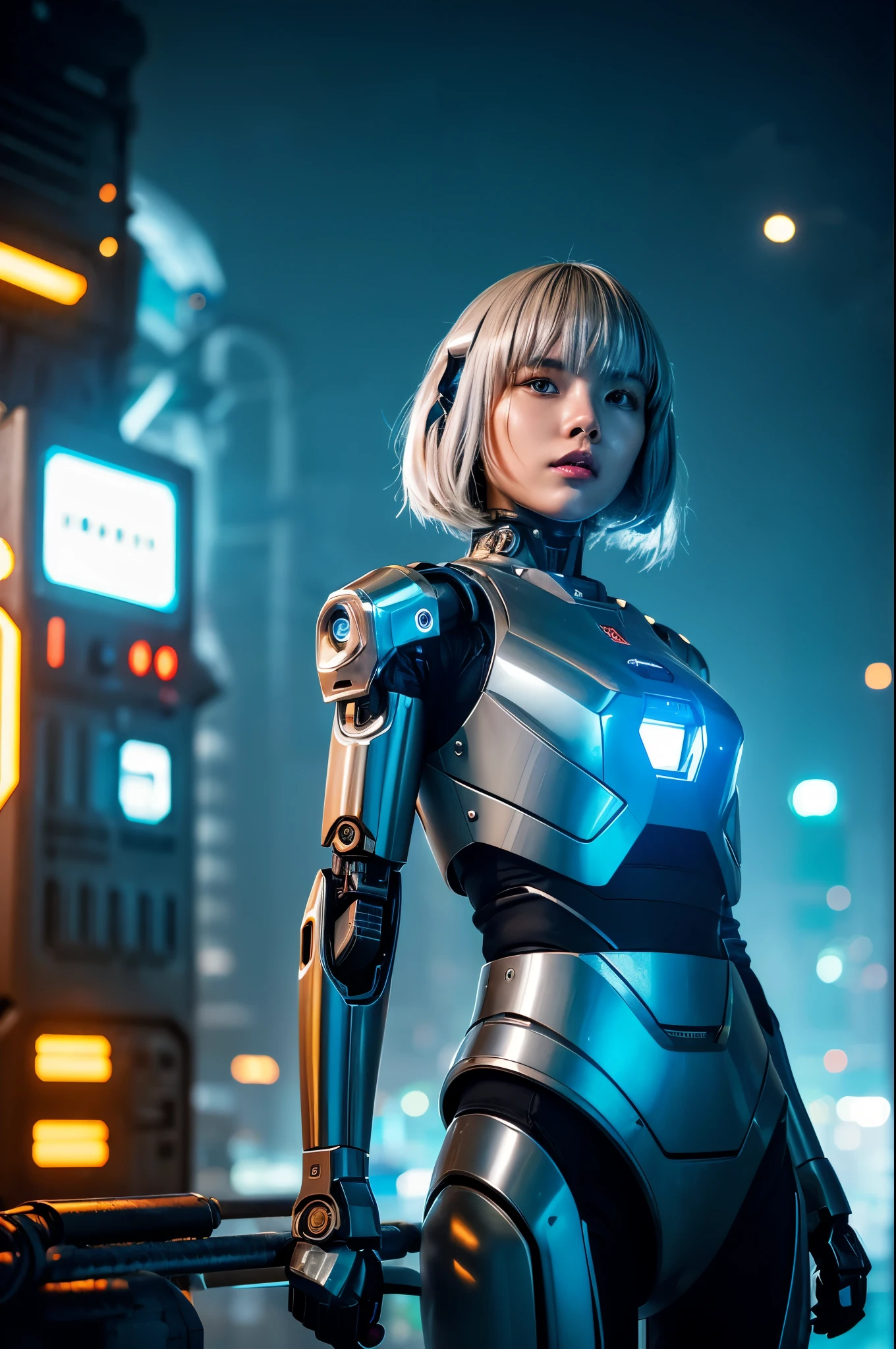 ((cinematic action photography)), female futuristic soldier, mech warrior, short white silver hair, ((robotic industrial environment)), night-time industrial scene, oily shiny skin, photography in the style of blade runner, muted colors, retro photography, Porta 160 color, shot on ARRI ALEXA 65, bokeh, sharp focus on subject, highest details, flash photo, robotic girl