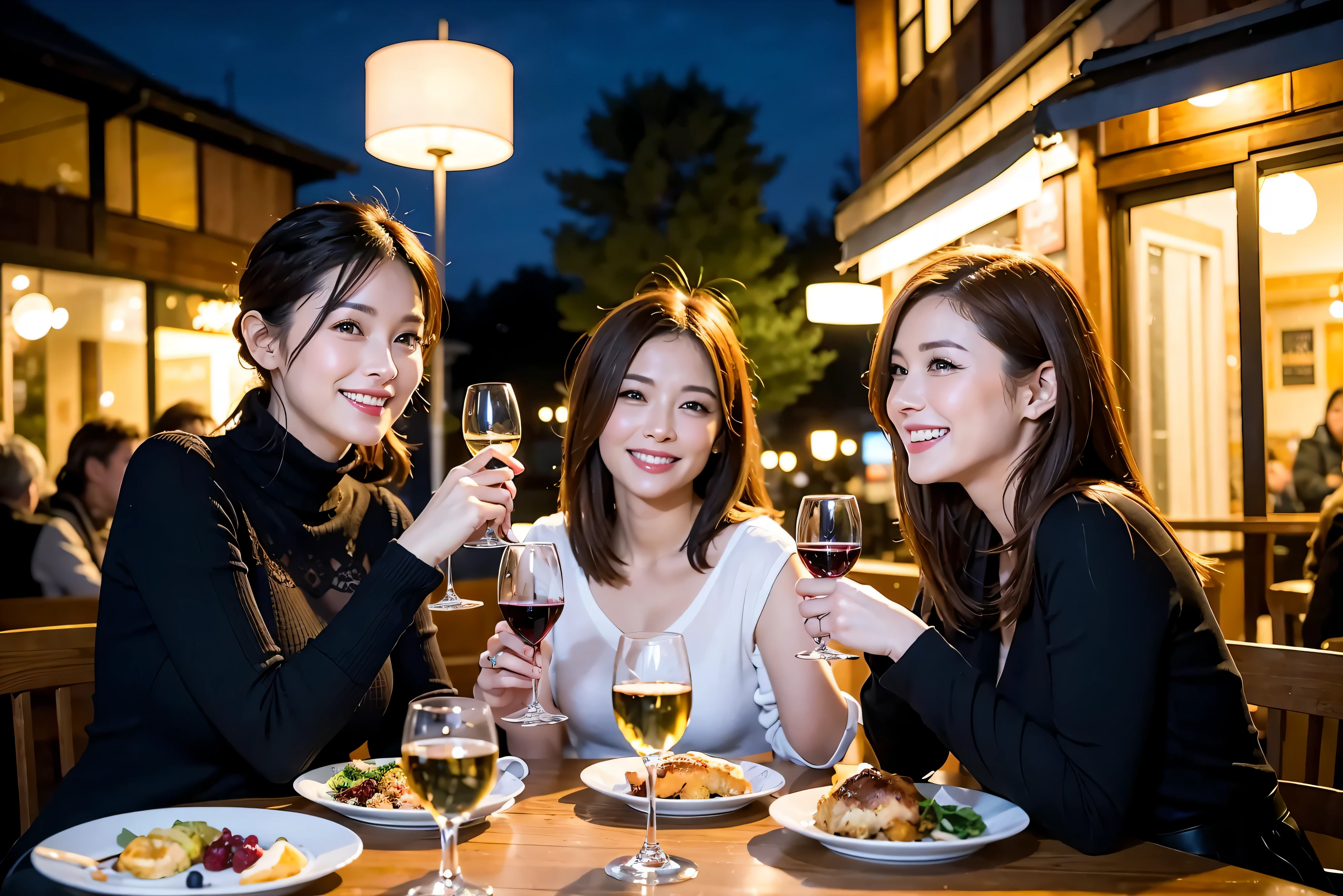 64k, UHD, highest quality, masterpiece: 1.2), (realistic, photorealistic: 1.37), Super detailed, celebration party、Japanese、beauty、beautiful mature woman、3 women who love wine、Three Men、champagne、Sparkling wine、winter night、restaurantでワイン宴会、(slimな男女4名),(Wine party for 5 people)、(slimフェイス),Happy、 最高なsmile、Fox Face、Berry Short、(because I&#39;thin), (brown hair), (shortcut), long sleeve shirt、winter fashion、Japanese、Dutch、German、Portuguese、Belgian、Italian、french, (gushing), (slimボティ), (brown hair), (shortcut), 端正なbeauty、cheeks blush a little, (34 years old), 38 years old,32 years old、40 years old、 A beautiful and detailed night view spreads out outside the window......., restaurant, wine glassが座っている, At night, in a prominent place (from the Upper body) nova frog style, actress, model, Upper body, White wine, slim, wine glass, Very beautiful night view, wine glass Put in the Middle, Happy smile, (smile: 1.15), 