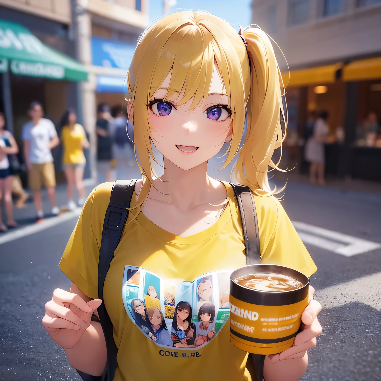 medium shot, Realistic, real person, RAW photo, photorealistic, portrait photography, shiny skin, japanese idol、(A 20-year-old woman with blonde bangs and purple eyes.) and (side ponytail), (Wearing a yellow T-shirt:1.5)、(smile:1.2), open mouth, holding a beer mug、Alone、staring at、Are standing、festival
