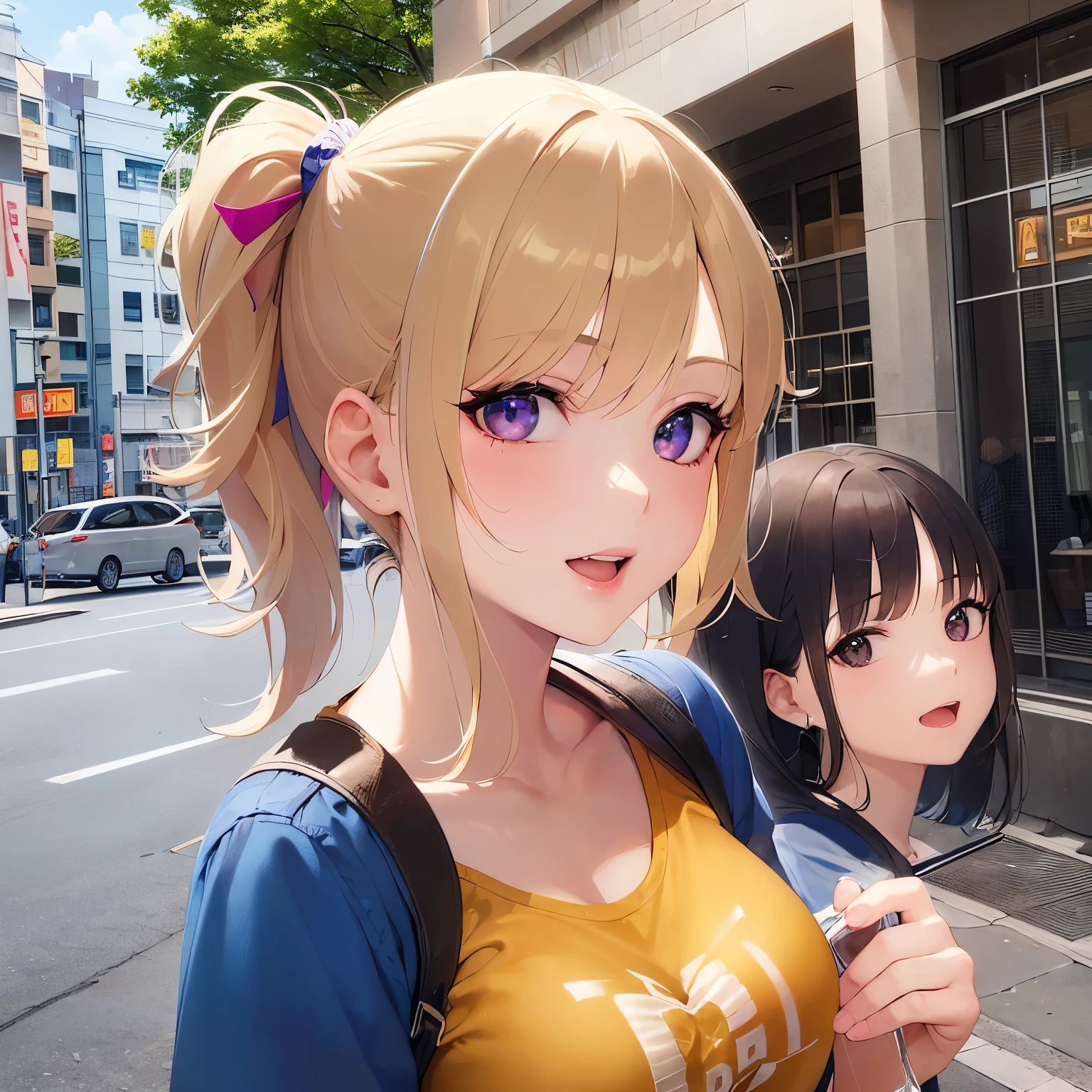 medium shot, Realistic, real person, RAW photo, photorealistic, portrait photography, shiny skin, japanese idol、(A 20-year-old woman with blonde bangs and purple eyes.) and (side ponytail), (Wearing a yellow T-shirt:1.5)、(smile:1.2), open mouth, holding a beer mug、Alone、staring at、Are standing、The background is a beer garden、