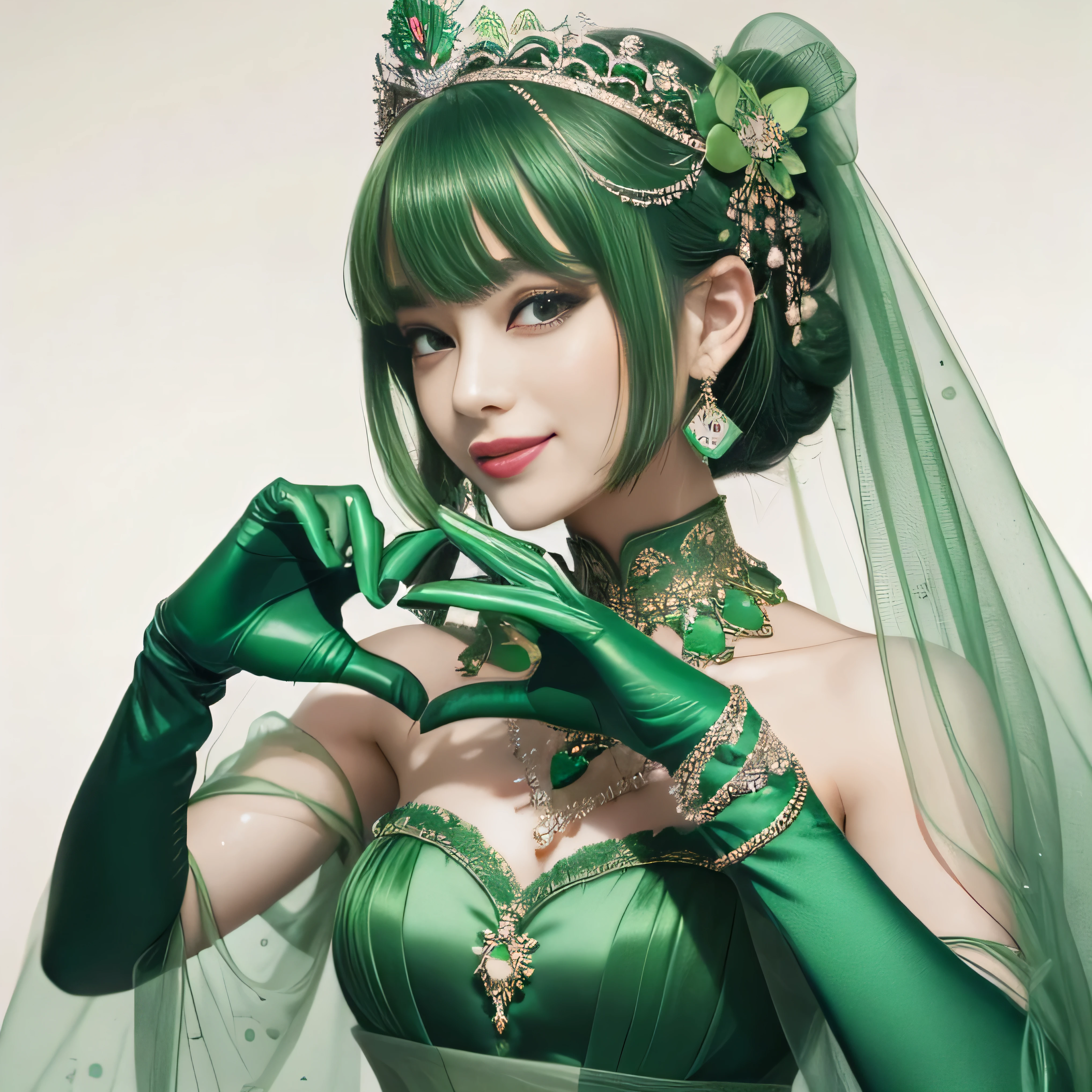 emerald tiara, green pearl necklace, ボーイッシュな非常に短いgreen hair, lipstick, smiling Japanese woman, very short hair, Beauty with large breasts, green eyes, Long Green Satin Gloves, green eyes, emerald earrings, green veil, heart with both hands, green hair, beautiful japanese woman, heart shaped hand:1.3, green lip gloss