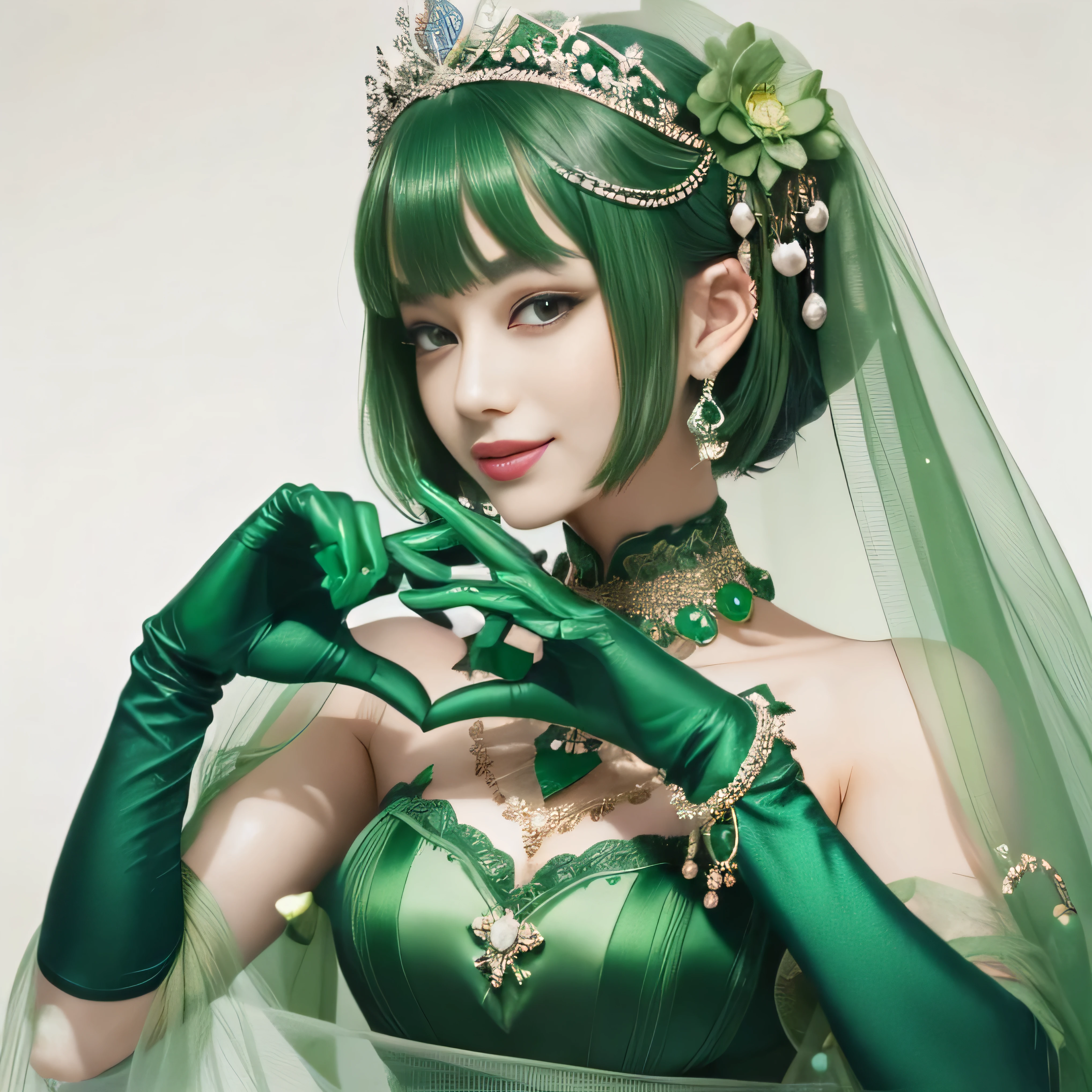 emerald tiara, green pearl necklace, ボーイッシュな非常に短いgreen hair, lipstick, smiling Japanese woman, very short hair, Beauty with large breasts, green eyes, Long Green Satin Gloves, green eyes, emerald earrings, green veil, heart with both hands, green hair, beautiful japanese woman, heart shaped hand:1.3, green lip gloss