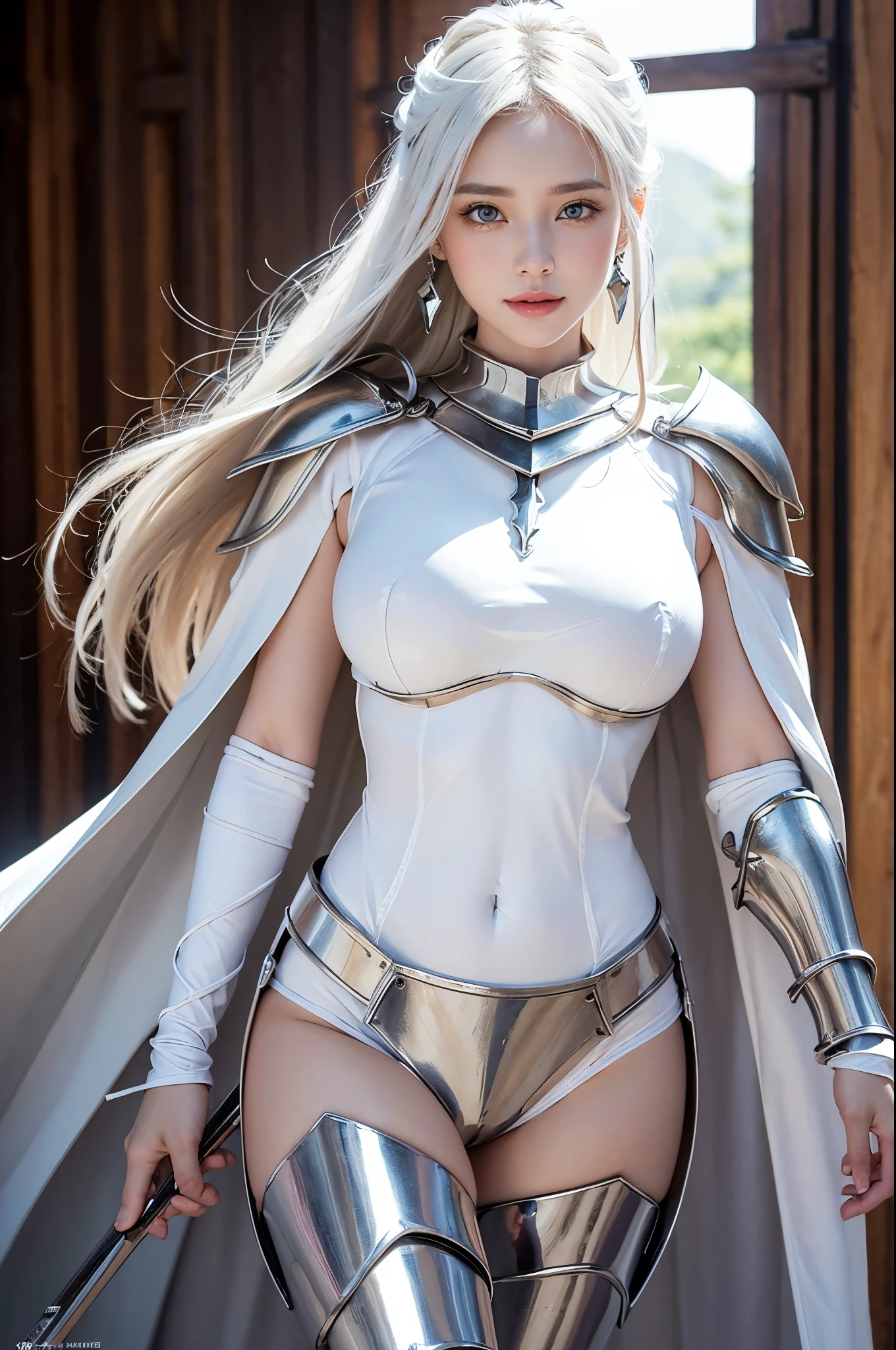 young Italian woman type cyborg, ((full body)), ((nude)), blond, blue eyes, heavily armored in white color to fight with robots with a long cape, beautiful chest, standing in the battle field, with her legs spread apart, zoom in from front below