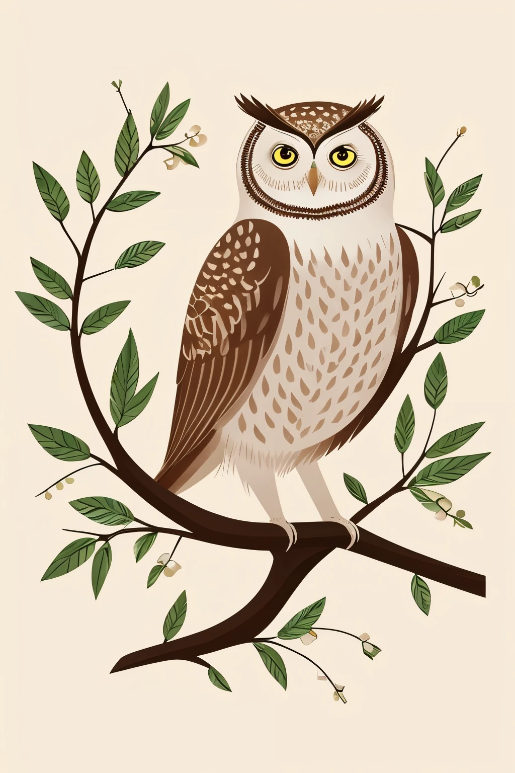 A captivating illustration of a minimalist and calm owl (1.5) perched elegantly on a simple branch (2.1), with one wing delicately holding a quaint mug (3.2). Surrounding the owl are muted leaves (4.1), their subtle hues adding to the serene ambiance. The intricately patterned feathers of the owl (5.1) feature subtle ornate designs, contributing to the whimsical feel of the scene, making this illustration a joyful visual escape.