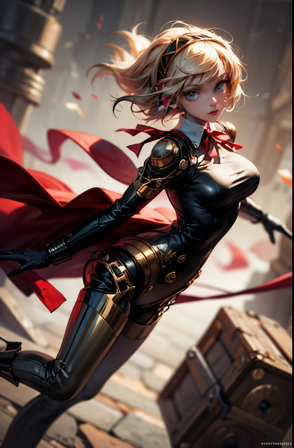 ((masterpiece)), dynamic angle, robotic aesthetic, aegis, gloves, red ribbon, black high heels,  mechanical hairband, FernFrieren, hair,  realistic eyes, ( pupils), looking down, straight-on, expressionless, arms apart, standing ready for battle, looking at viewer, large breasts, ultra detailed, masterpiece, best quality, aesthetic, detailed,(super detailed eyes)