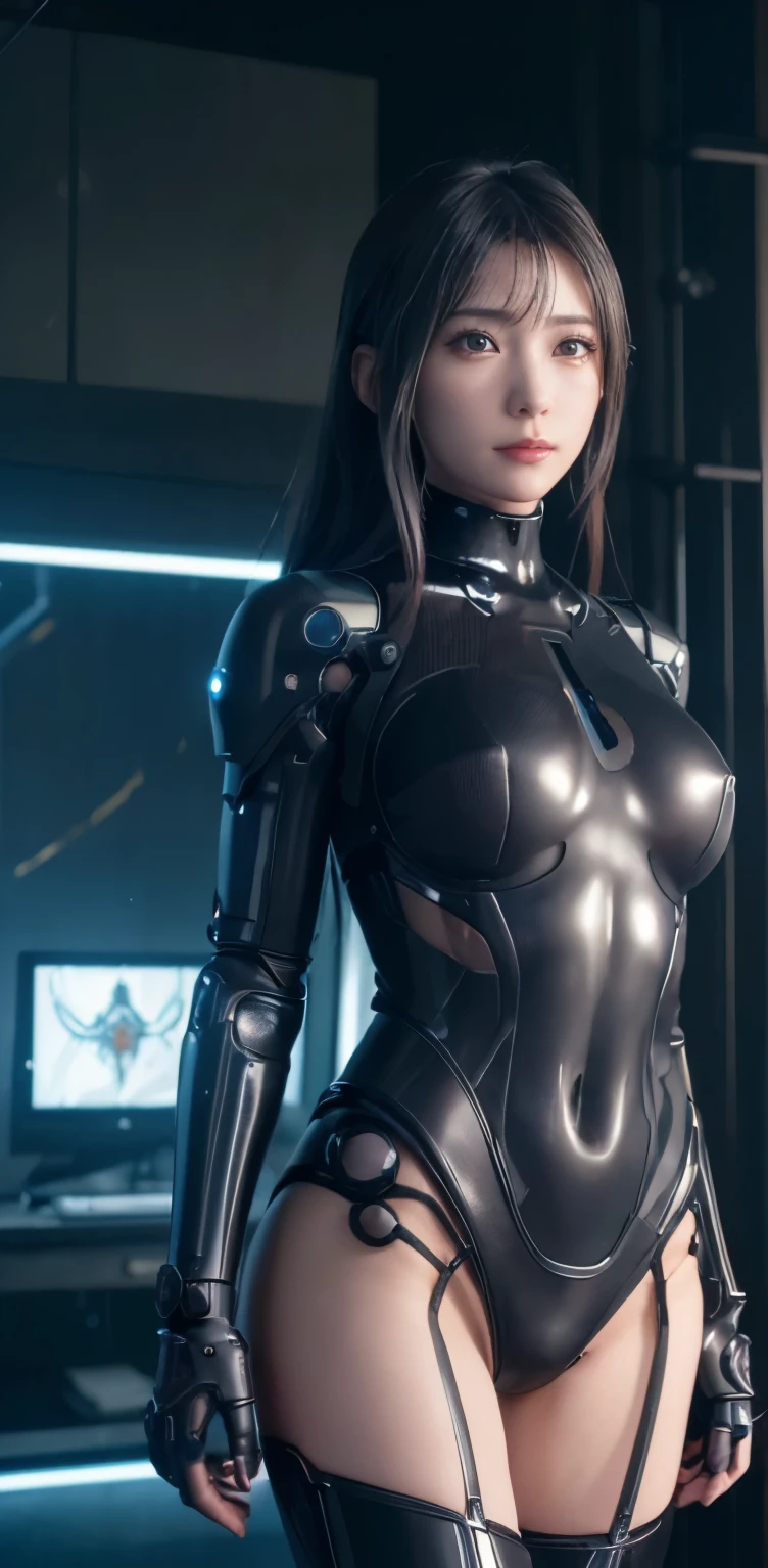 masterpiece、((black metallic sweater))、 ((plug suit)), ((beautiful girl:1.2))、i don't'no arms.、mechanized body、Mechanized chest and abdomen、mechanized occiput、Mecha leg rack metallic suit that fits perfectly to the body、 Are standing、tied up、金属robot、((cyberpunk background))、(neon light)、(Futuristic machine factory background)、Cyberdyne、artificial body、All metal body、ironwork、abdominal mechanism、((robotアームとハンド))、((robotの脚))、((machine neck))、Inside the spaceship、beautiful girl、、asian beauty, (Actuator and cable exposed from abdomen.、金属robotの首から胴体まで接続、Complex 3d rendering beautiful porcelain profile super be familiar withd female android face、cyborg、robot部品、150mm、Soft light in a beautiful studio、rim light、vivid details、gorgeous cyberpunk、Ren Hao、超realistic、anatomical、facial muscles、cable wire microchip、elegant、beautiful background、octane rendering、HR giger style、8K、highest quality、masterpiece、enlightenment、very delicate and beautiful、 非常にbe familiar withなCG、unity、wall-、(realistic、Photoreal:1.37)、wonderful、be familiar with、masterpiece、highest quality、official art、Highly be familiar withd CG unity 8k wallpaper、absurd、信じられないほどabsurd、、robot、silver beads、Full body Esbian、 Are standing