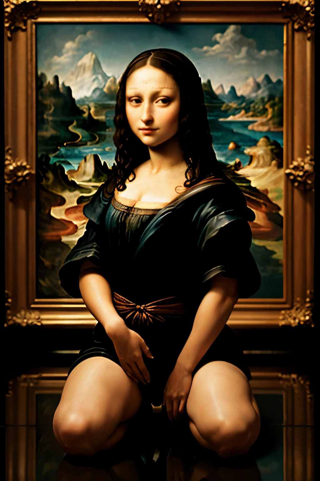 Depraved Mona Lisa in kneeling pose, ( looking at viewer:1.5), high definition, best quality, ultra high res, (photorealistic:1.5), (Skin reflection:1.3), RAW photo, physically-based rendering, shiny skin, curvy