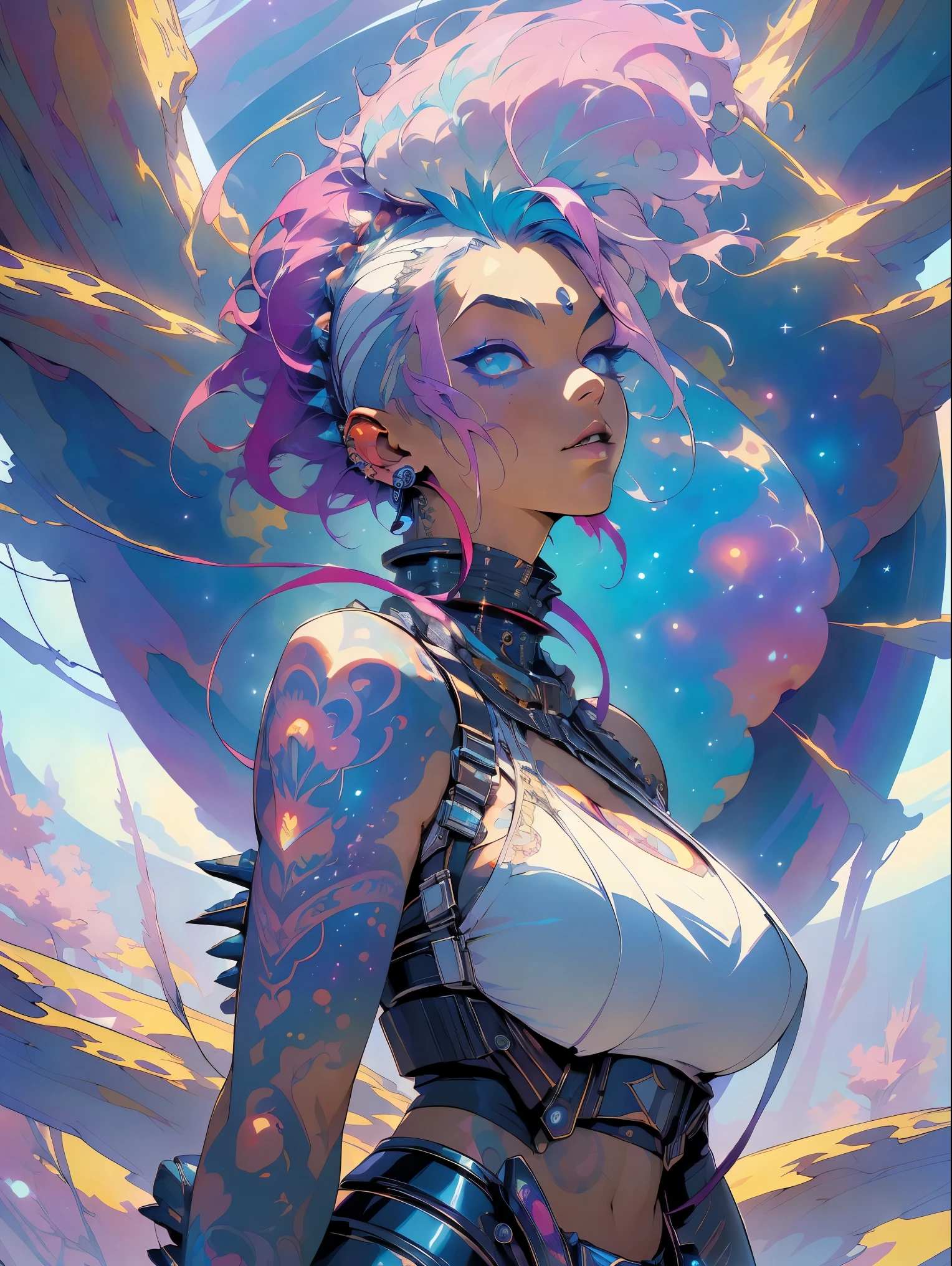(masterpiece, top quality, best quality, official art, beautiful, cosmic, atmospheric, psychedelic, dreamlike and aesthetic:1.2), (1girl, platinum white punk rock mohawk hair, tons of tattoos and piercings, super huge enormously gigantic tits), extreme detailed,(fractal art:1.3),colorful,highest detailed, cherry blossoms and butterflies blowing in the wind