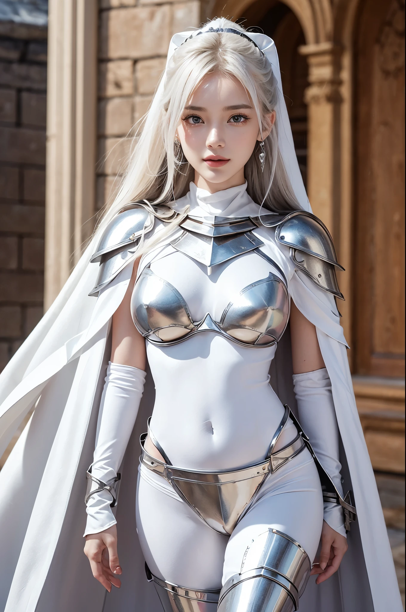 8K, masterpiece, Raw photo, Best Quality, Photorealistic, Highly detailed CG Unity 8k wallpaper, depth of fields, Cinematic Light, Lens Flare, Ray tracing, (Extremely beautiful face, Beautiful lips, Beautiful eyes), intricate detail face, ((Ultra detailed skin)) 1girl in, In the Dark, deep shadow, charming Russian model Nata Lee, ((Looking at Viewer)), (seducing smile), (Blurry background), (large boob:1.5), earrings, Bracelets, Necklace, Clear eyes, Castle rooms, holding a sword, Front shot, (pale skin), Face forward, (Big eyes), ((upper body shot)), (Camel toe, shape), ((Gorgeous (white metal armor) with a white cape design:1.5)), (Navel Ejection:1.5), light blonde hair, (Ponytail), ((seducing smile)), ((Camel toe)).