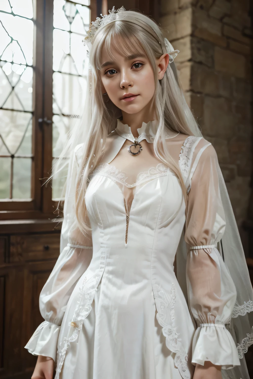 image of a gray-haired elf girl in a white lace transparent dress and against a background with notes of Leonardo da Vinci, stunning young ethereal figure, Young elf with pointed ears, Girl in steampunk clothes, Elf in lace clothes, natalia dyer, Daphne Keane, portrait of a young witch, A girl with magical powers, inspired by Irakli Nadar, Inspired by William Mastoster Lockhart, top quality, detail, detail, masterpiece, high image quality ((Best quality)), ((masterpiece)), (detailed), perfect face