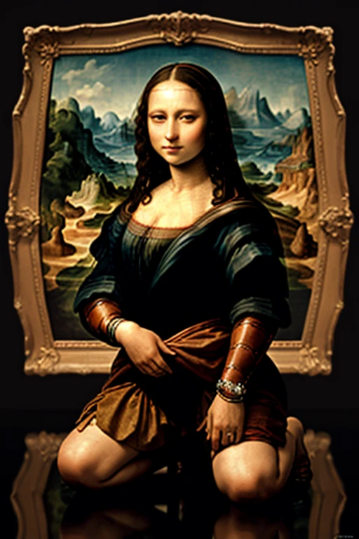 Depraved Mona Lisa in kneeling pose, ( looking at viewer:1.5), high definition, best quality, ultra high res, (photorealistic:1.5), (Skin reflection:1.3), RAW photo, physically-based rendering, shiny skin, curvy